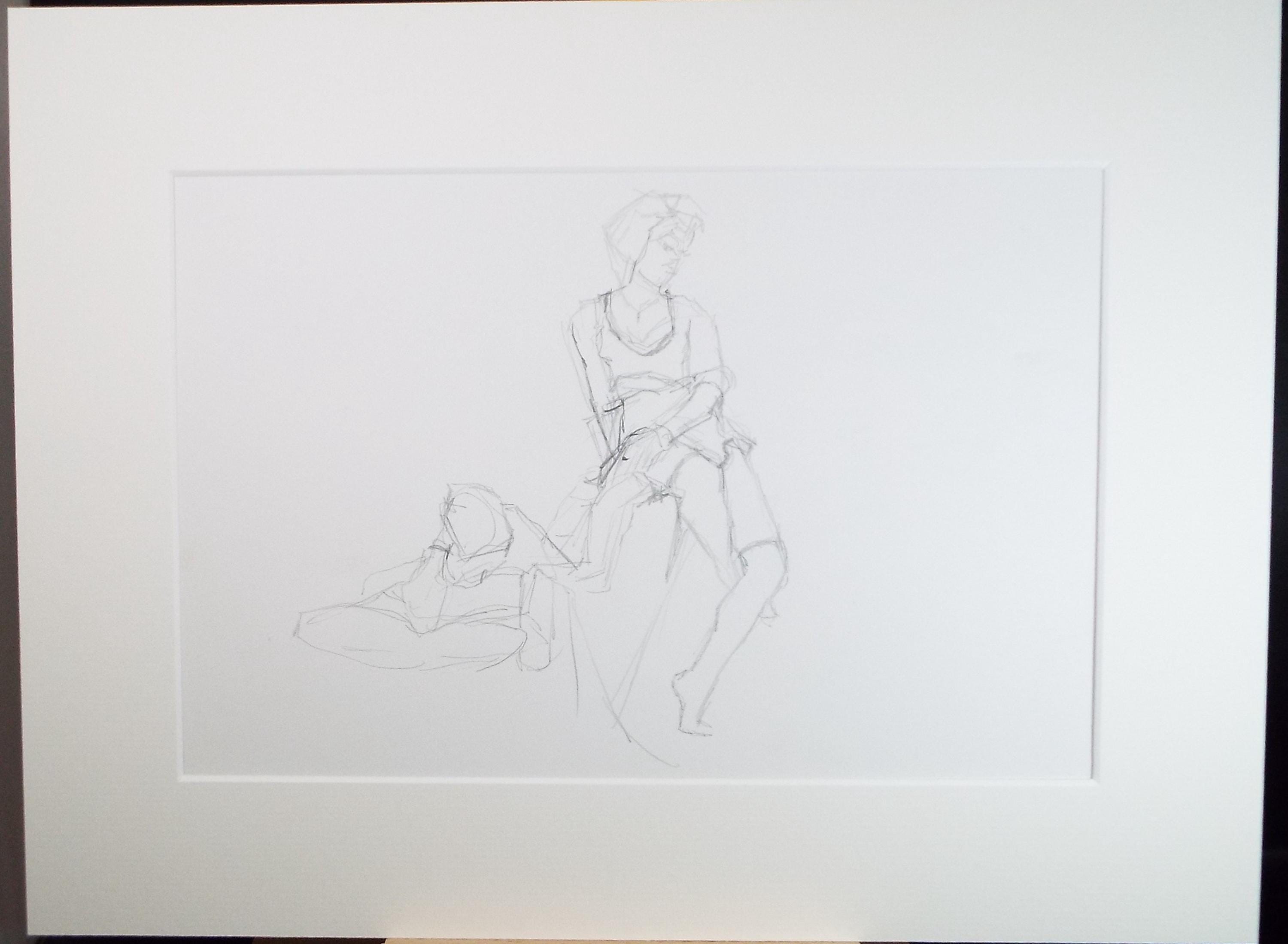 Original Pencil Drawing, 'Two Figures', Pauline Plummer (b1933), Circa 1990's