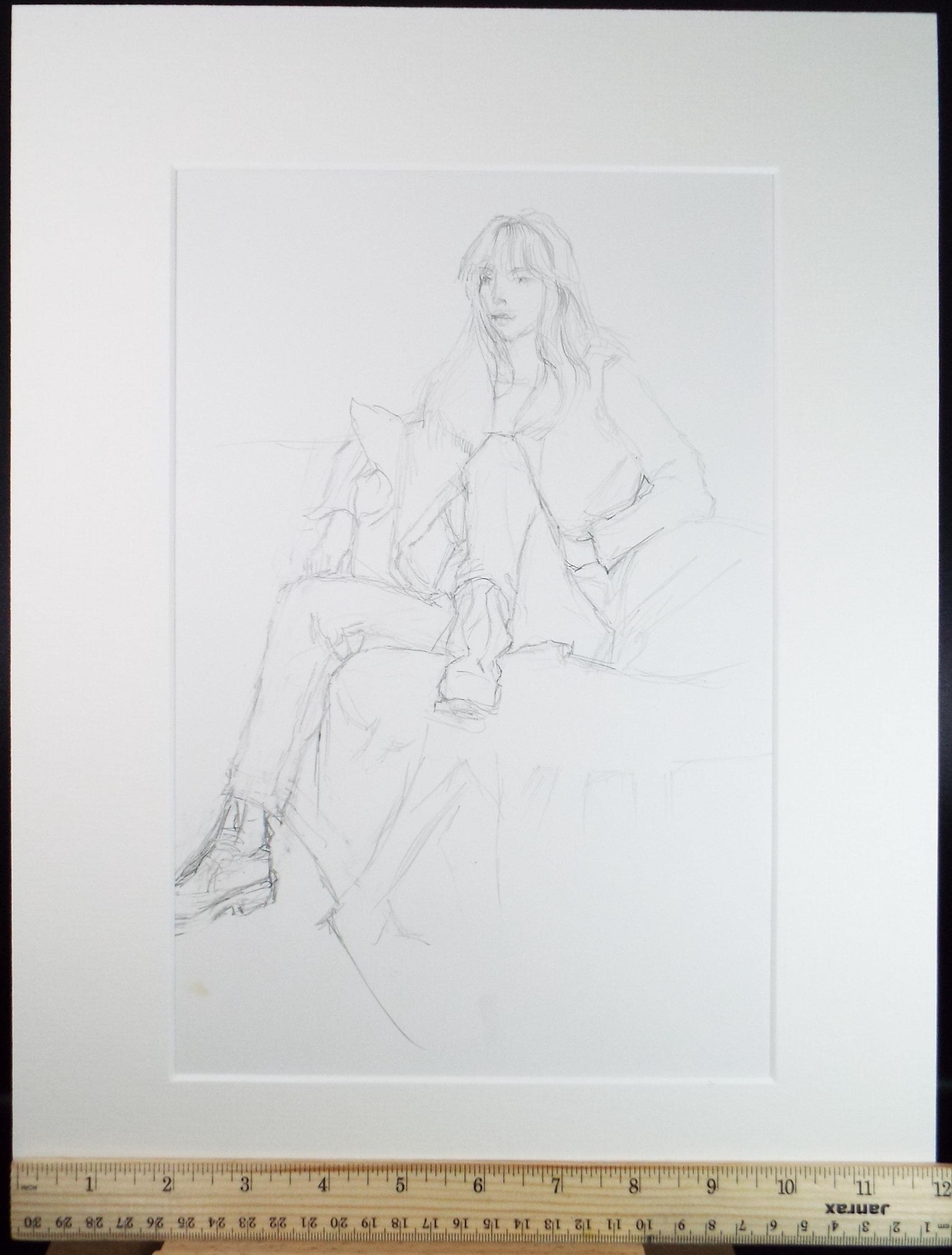 Original Pencil Drawing, 'Two Figures', Pauline Plummer (b1933), Circa 1990's