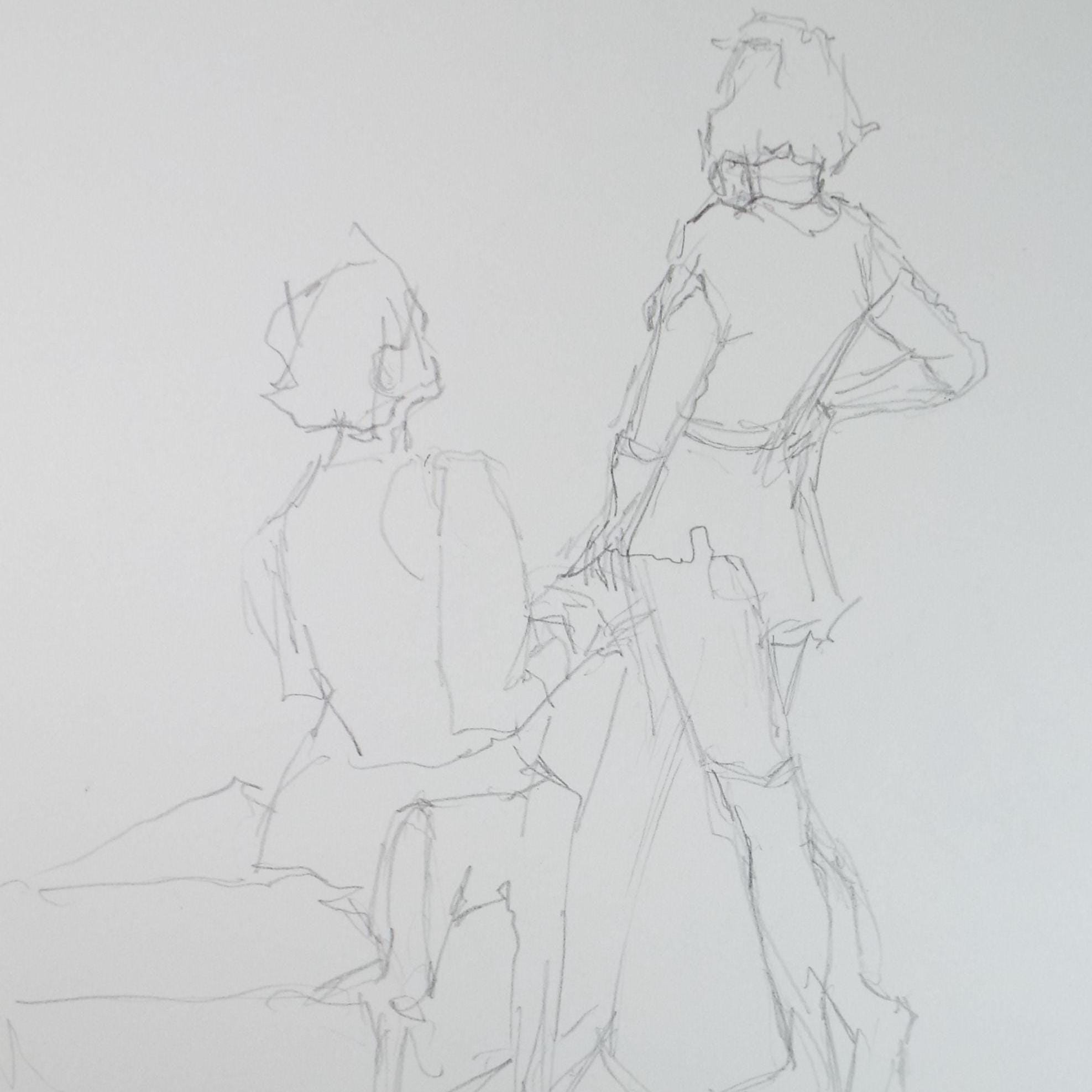 Original Pencil Drawing, 'Two Figures', Pauline Plummer (b1933), Circa 1990's