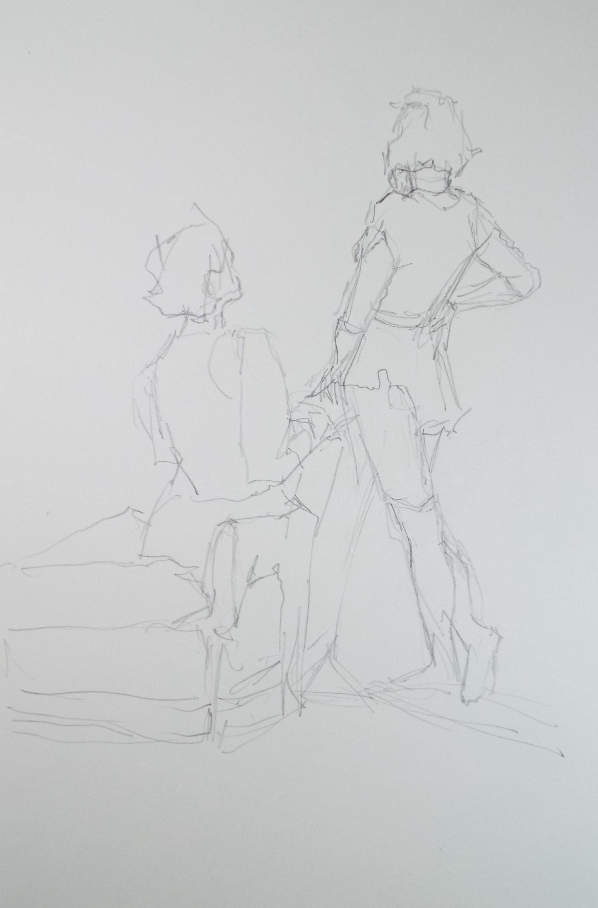 Original Pencil Drawing, 'Two Figures', Pauline Plummer (b1933), Circa 1990's