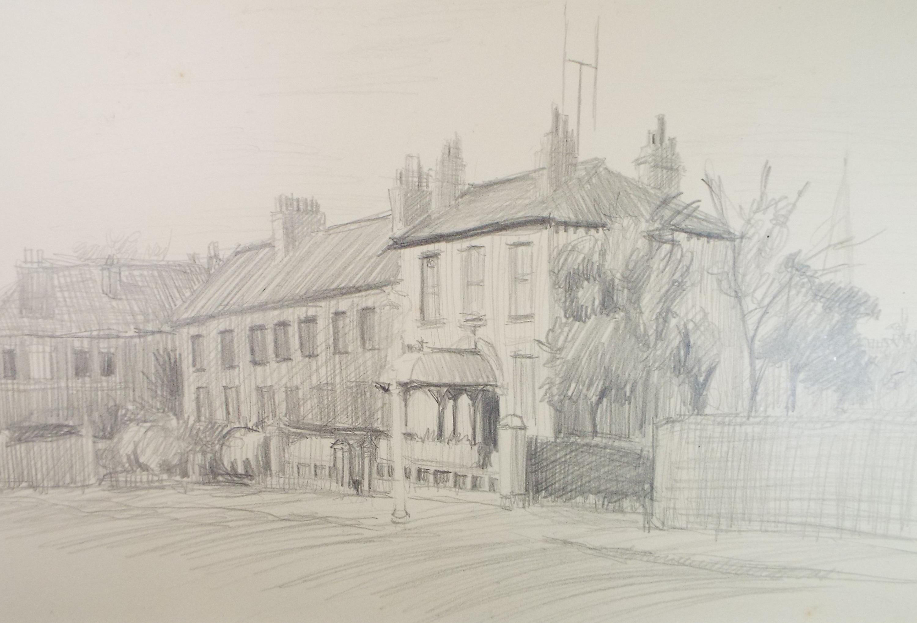 Original Pencil drawing 'Street Scene', Pauline Plummer (b1933), Circa 1950's