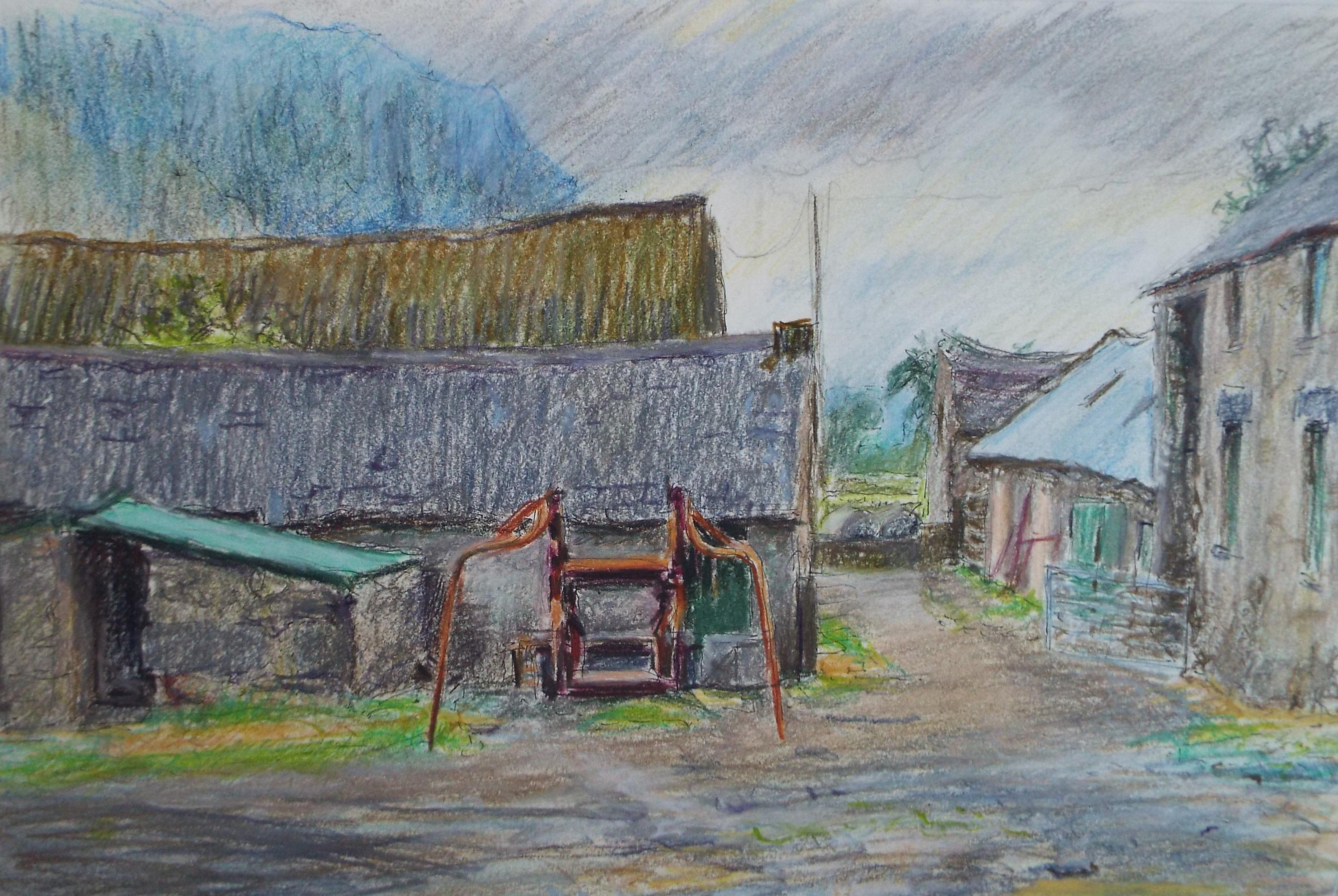 Original Pencil drawing 'Farmyard', Pauline Plummer (b1933), circa 1990's