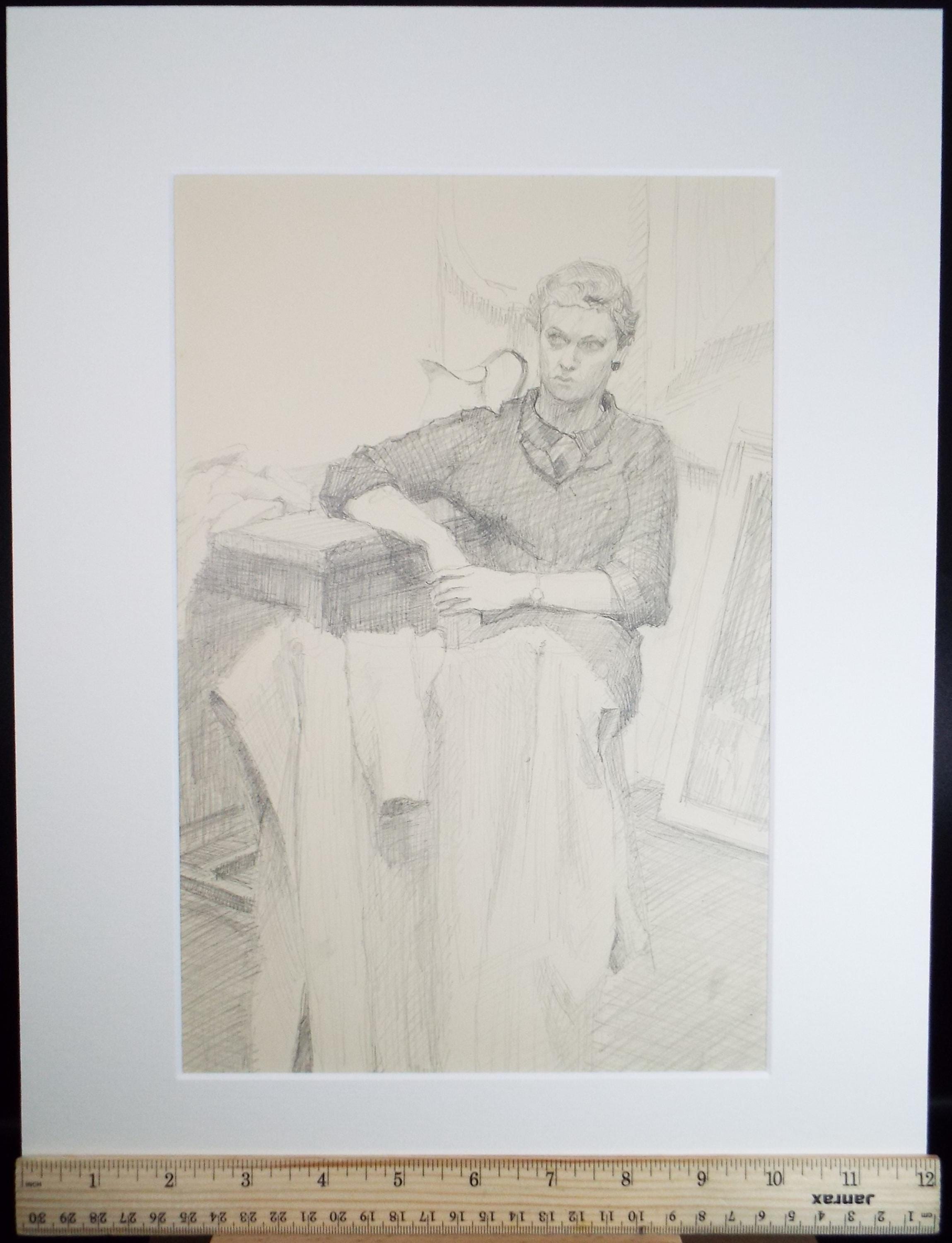Original Pencil Drawing, 'Seated Woman', Pauline Plummer (b1933), Circa 1950's