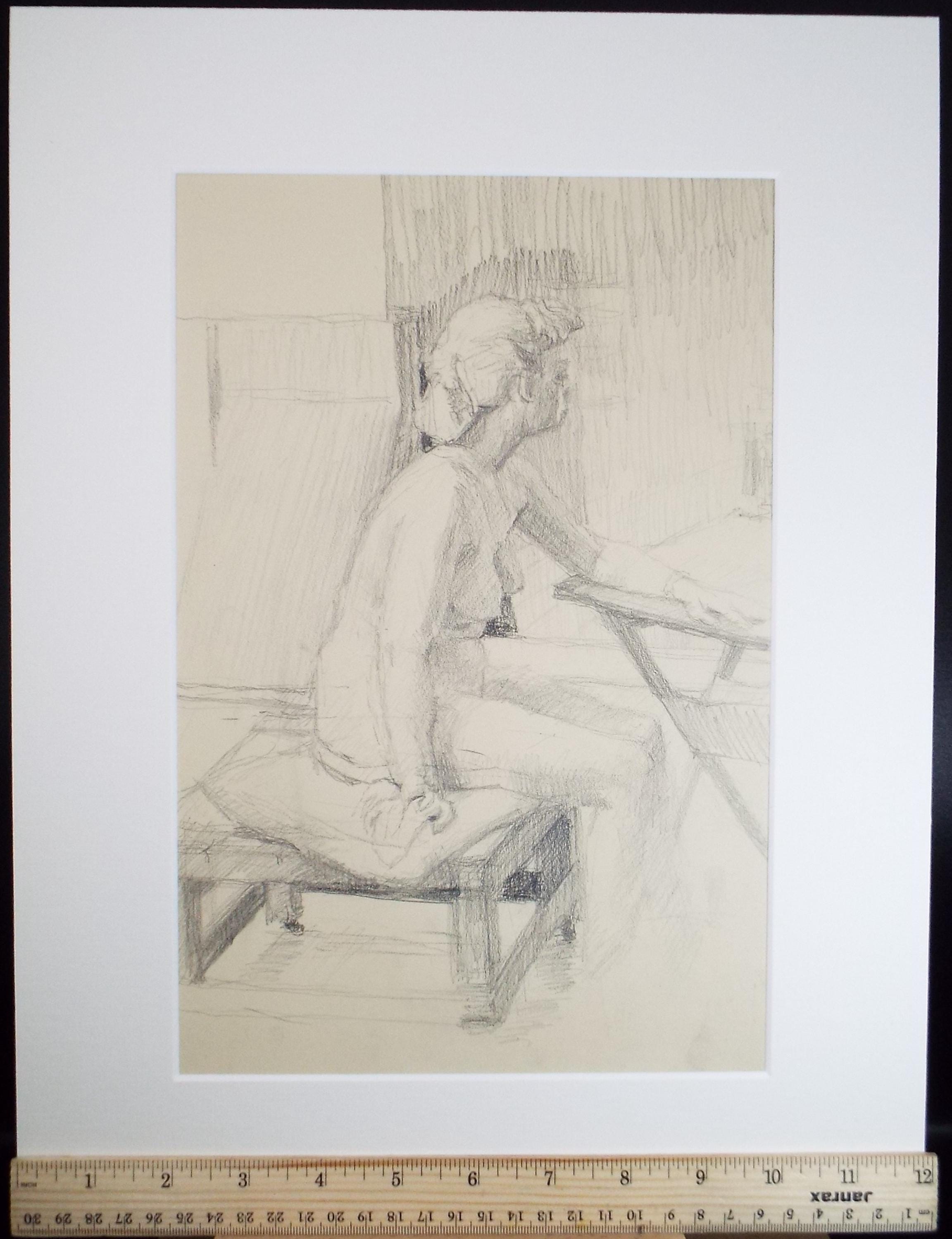 Original Pencil Drawing, 'Seated Female Nude', Pauline Plummer (b1933), Circa 1950's