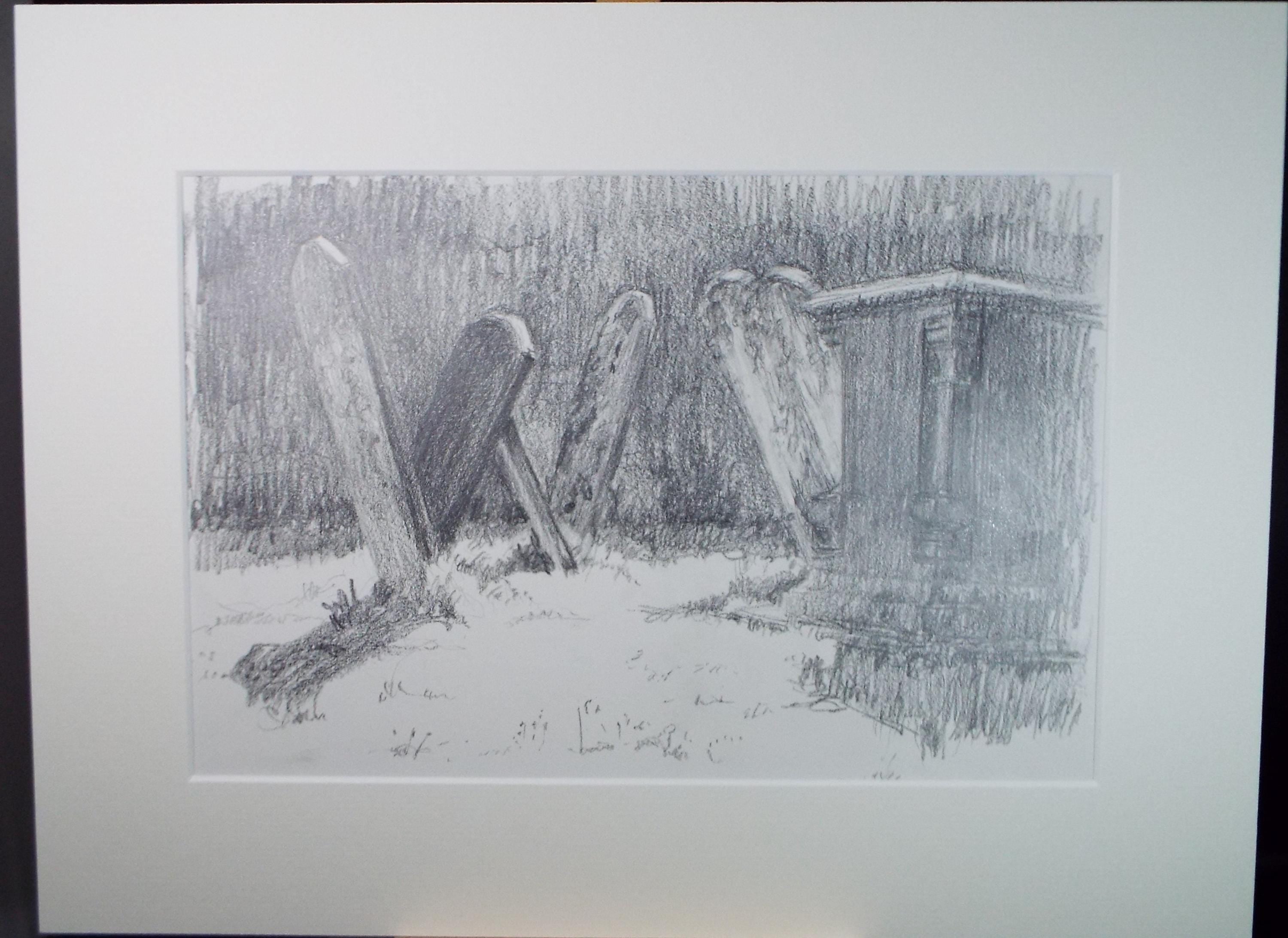 Original pencil drawing, 'Grave Stones',c1990, Pauline Plummer (b1933)