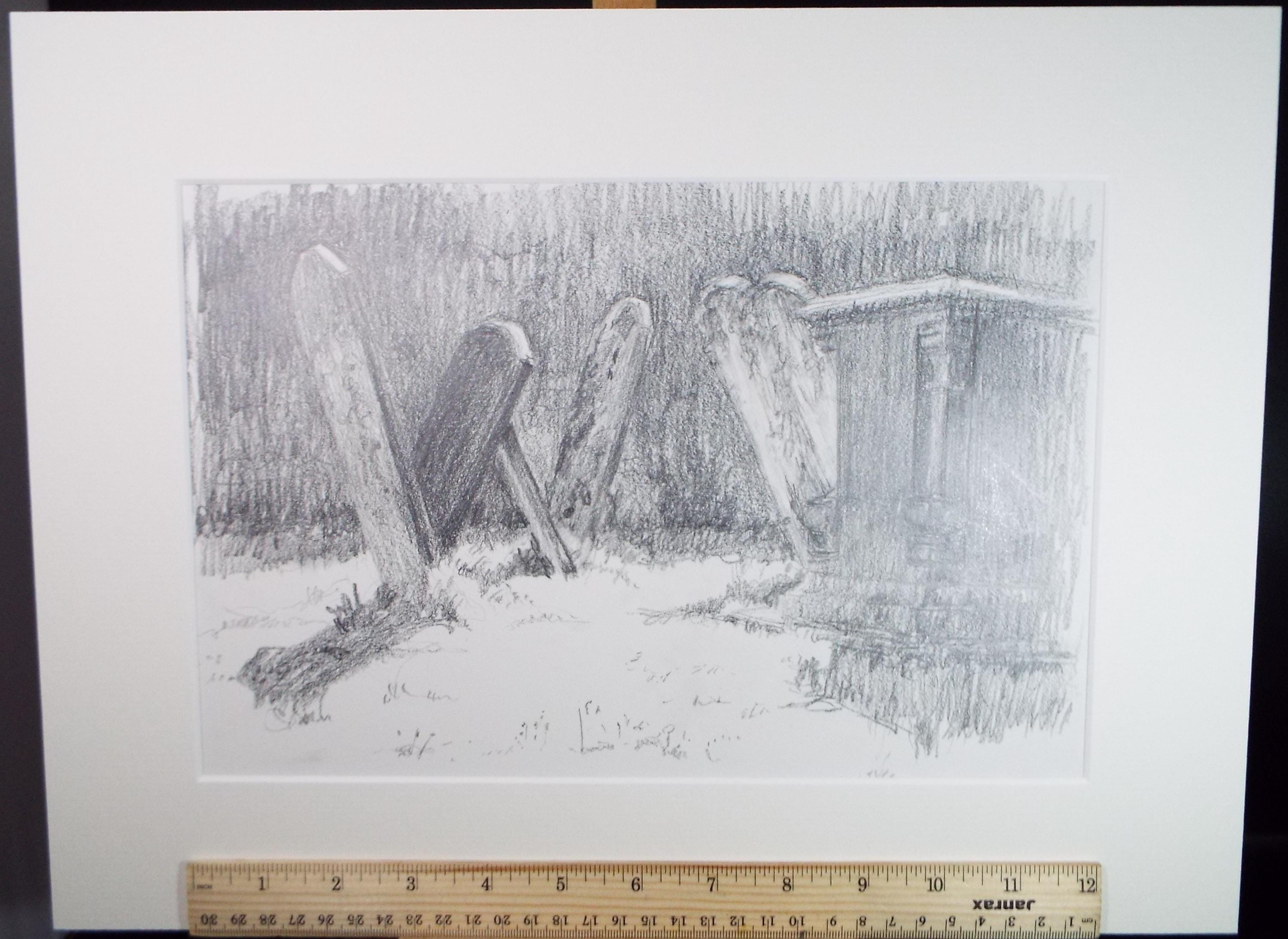 Original pencil drawing, 'Grave Stones',c1990, Pauline Plummer (b1933)
