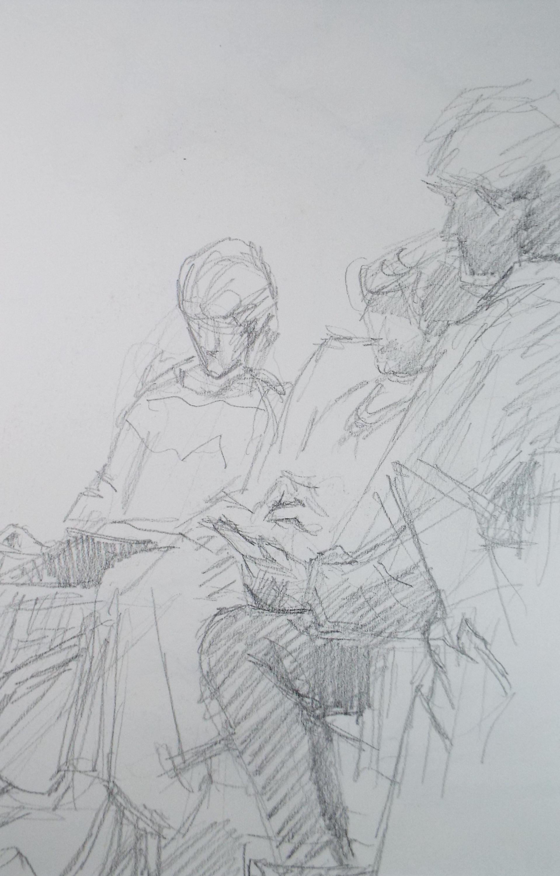 Original Pencil Drawing, 'Seated Figures', Pauline Plummer (b1933), Circa 1990's