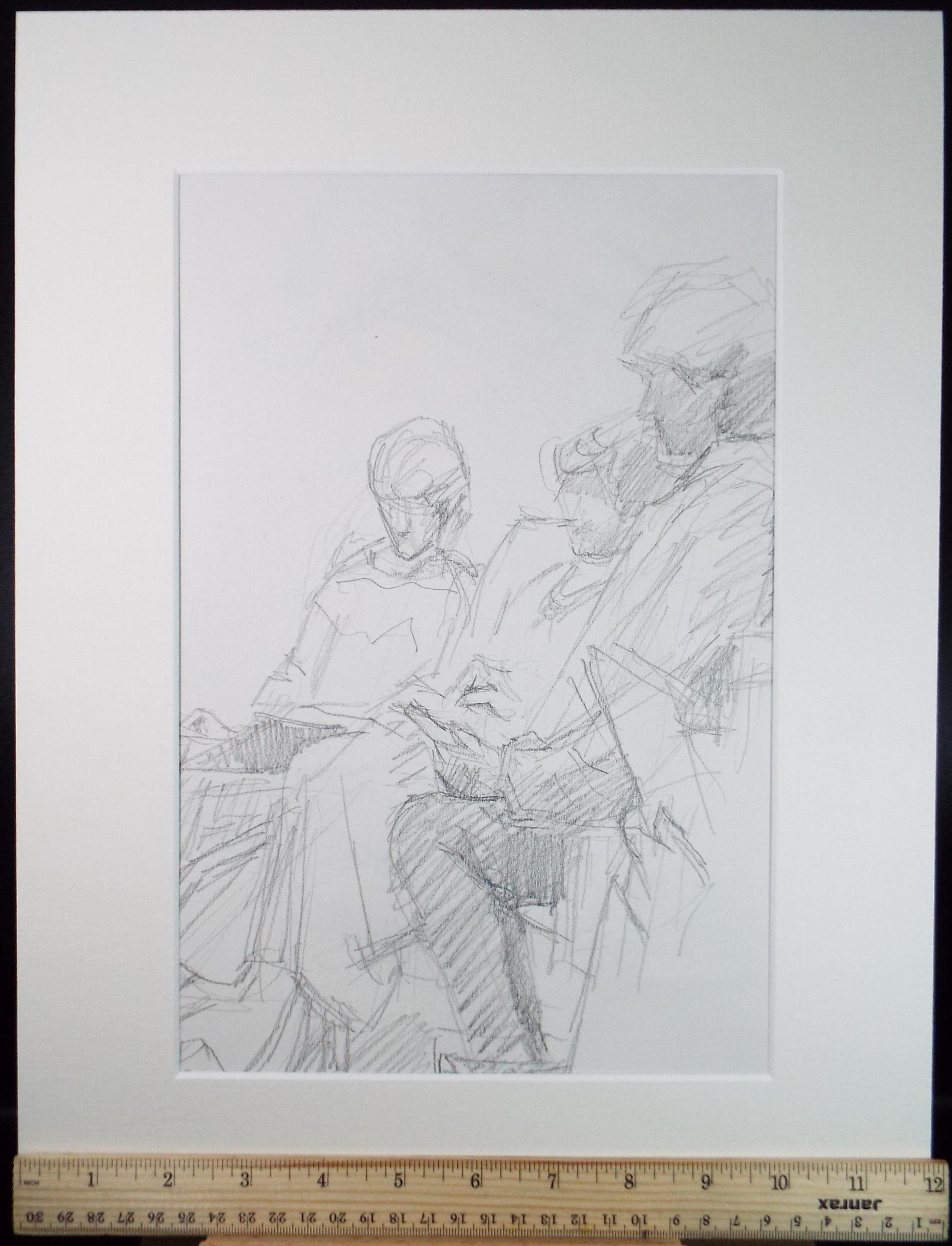 Original Pencil Drawing, 'Seated Figures', Pauline Plummer (b1933), Circa 1990's