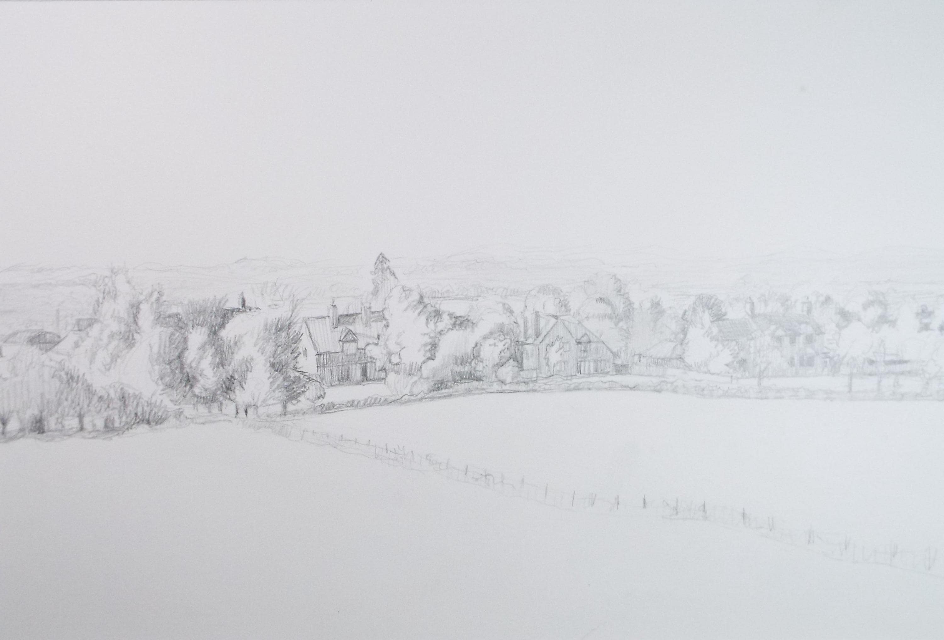 Pencil drawing 'Village in a Landscape', Pauline Plummer (b1933), Circa 1990's