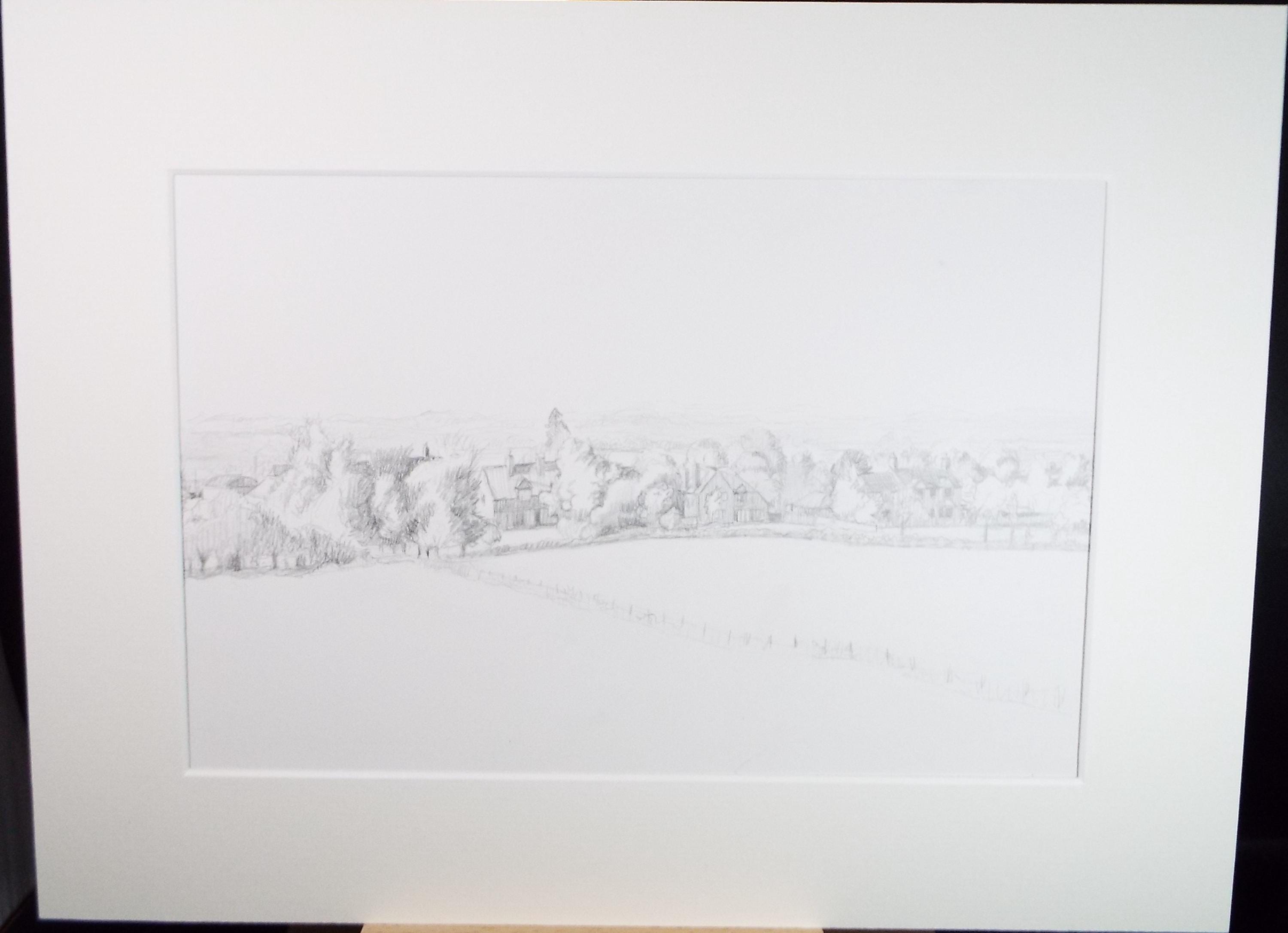 Pencil drawing 'Village in a Landscape', Pauline Plummer (b1933), Circa 1990's