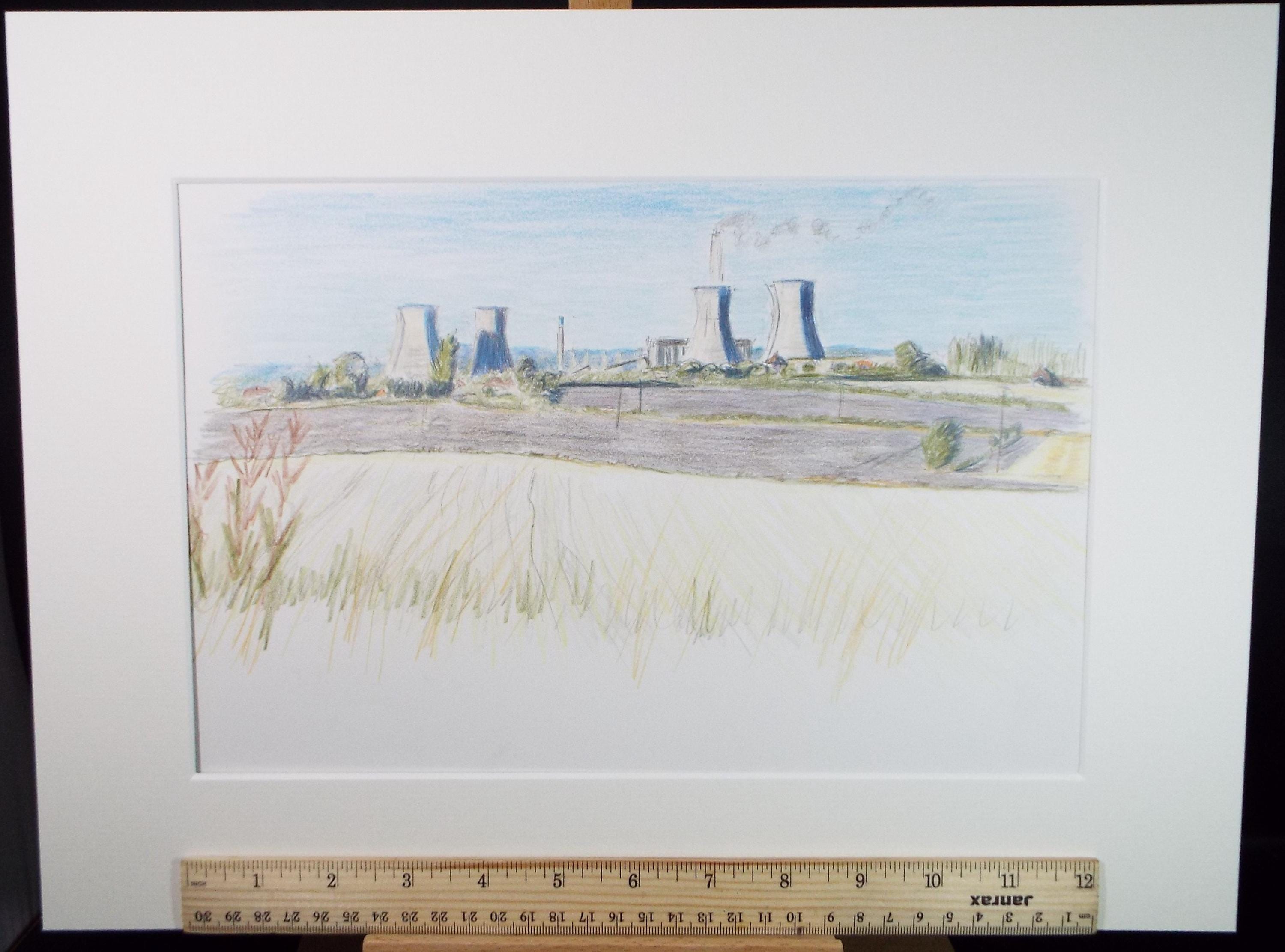 Original Pencil drawing, 'Didcot Power Station' c1990's, Pauline Plummer (b1933)
