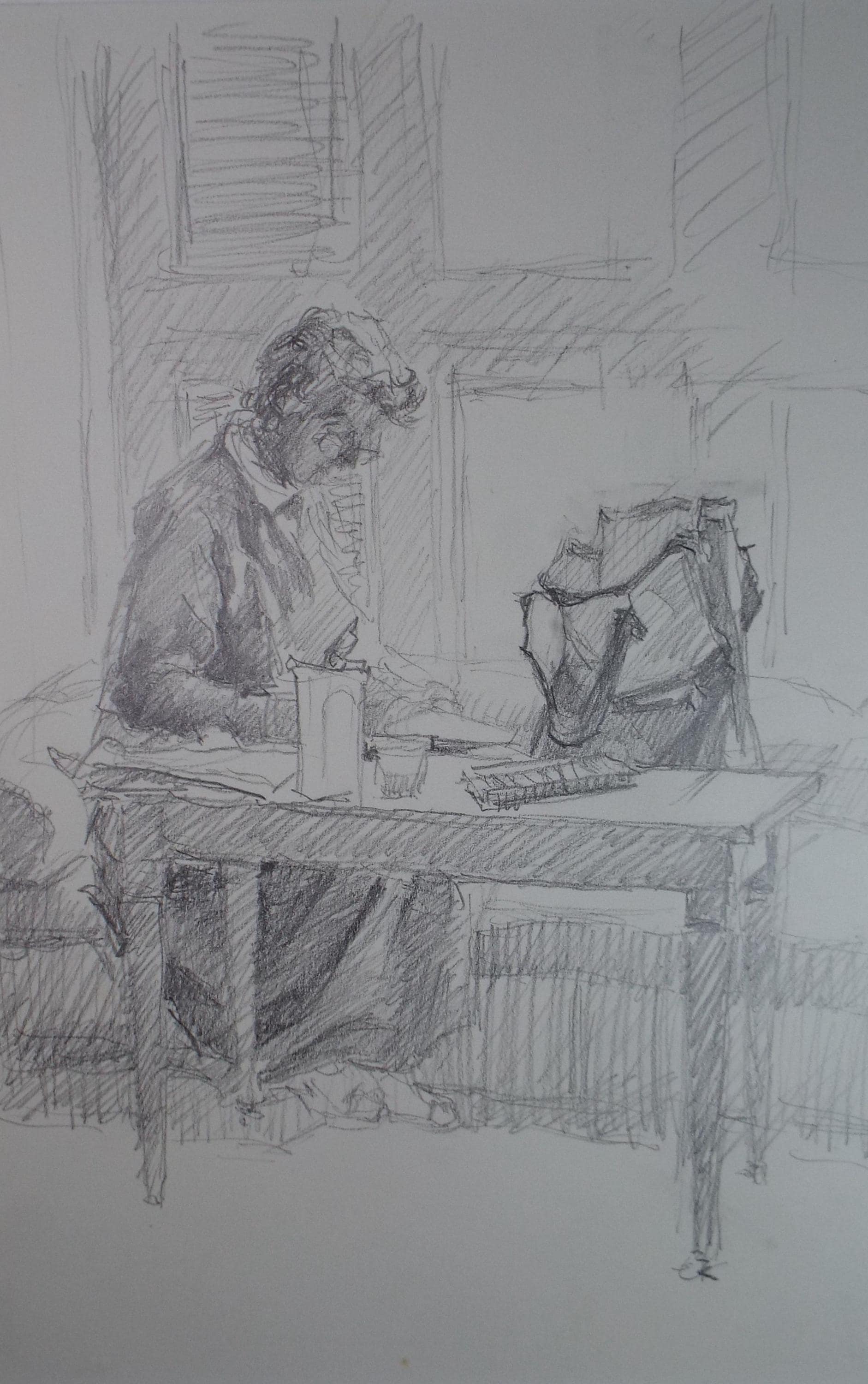 Original Pencil Drawing, 'Woman at a Desk', Pauline Plummer (b1933), Circa 1990's
