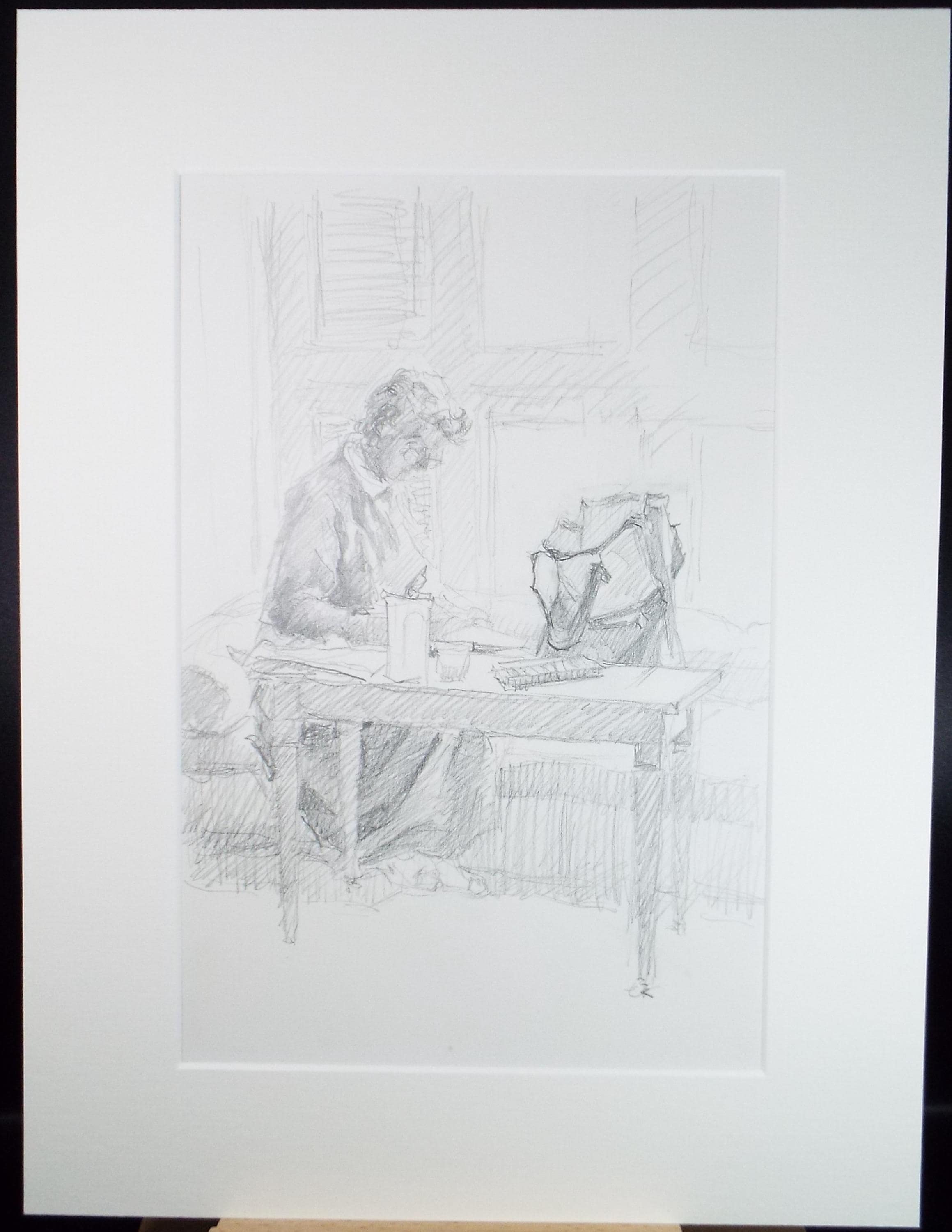 Original Pencil Drawing, 'Woman at a Desk', Pauline Plummer (b1933), Circa 1990's
