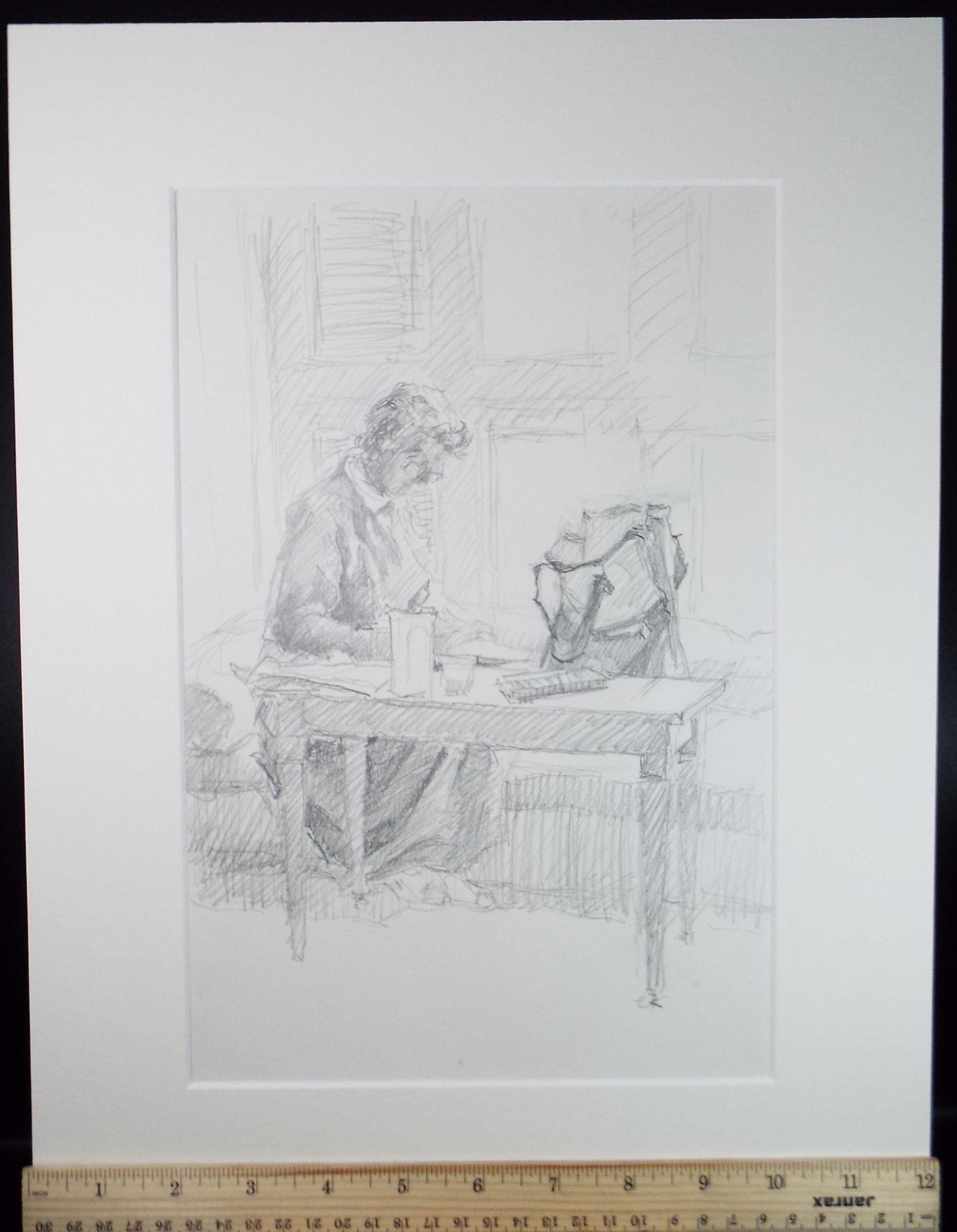 Original Pencil Drawing, 'Woman at a Desk', Pauline Plummer (b1933), Circa 1990's