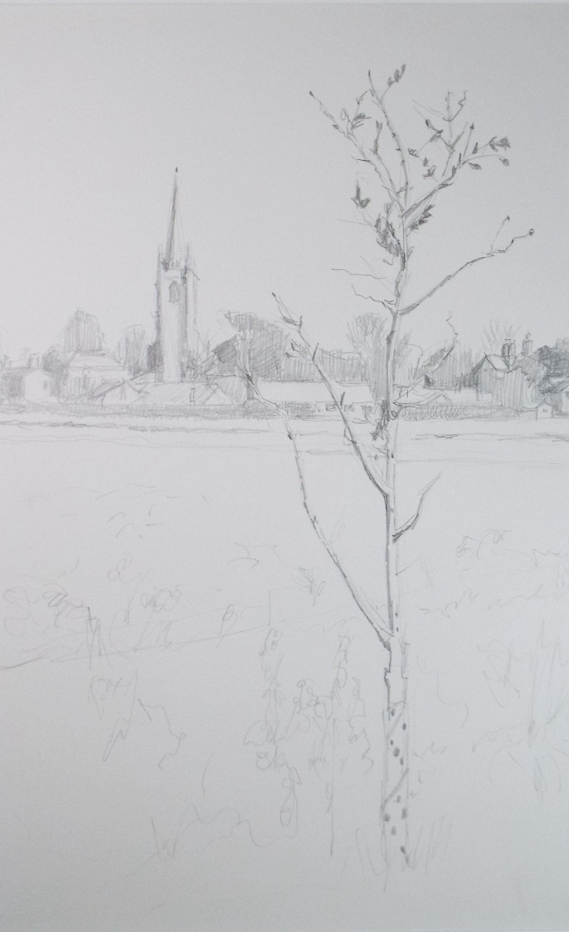 Pencil drawing 'Church in a Landscape', Pauline Plummer (b1933), Circa 1990's