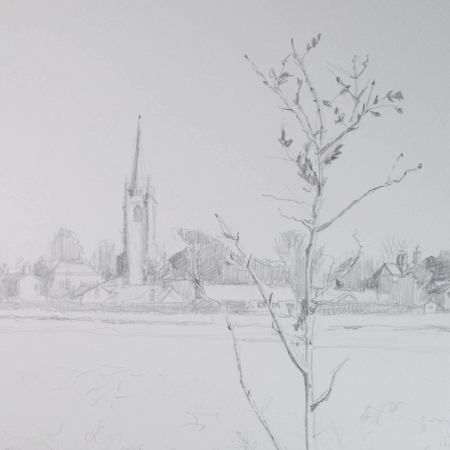 Pencil drawing 'Church in a Landscape', Pauline Plummer (b1933), Circa 1990's