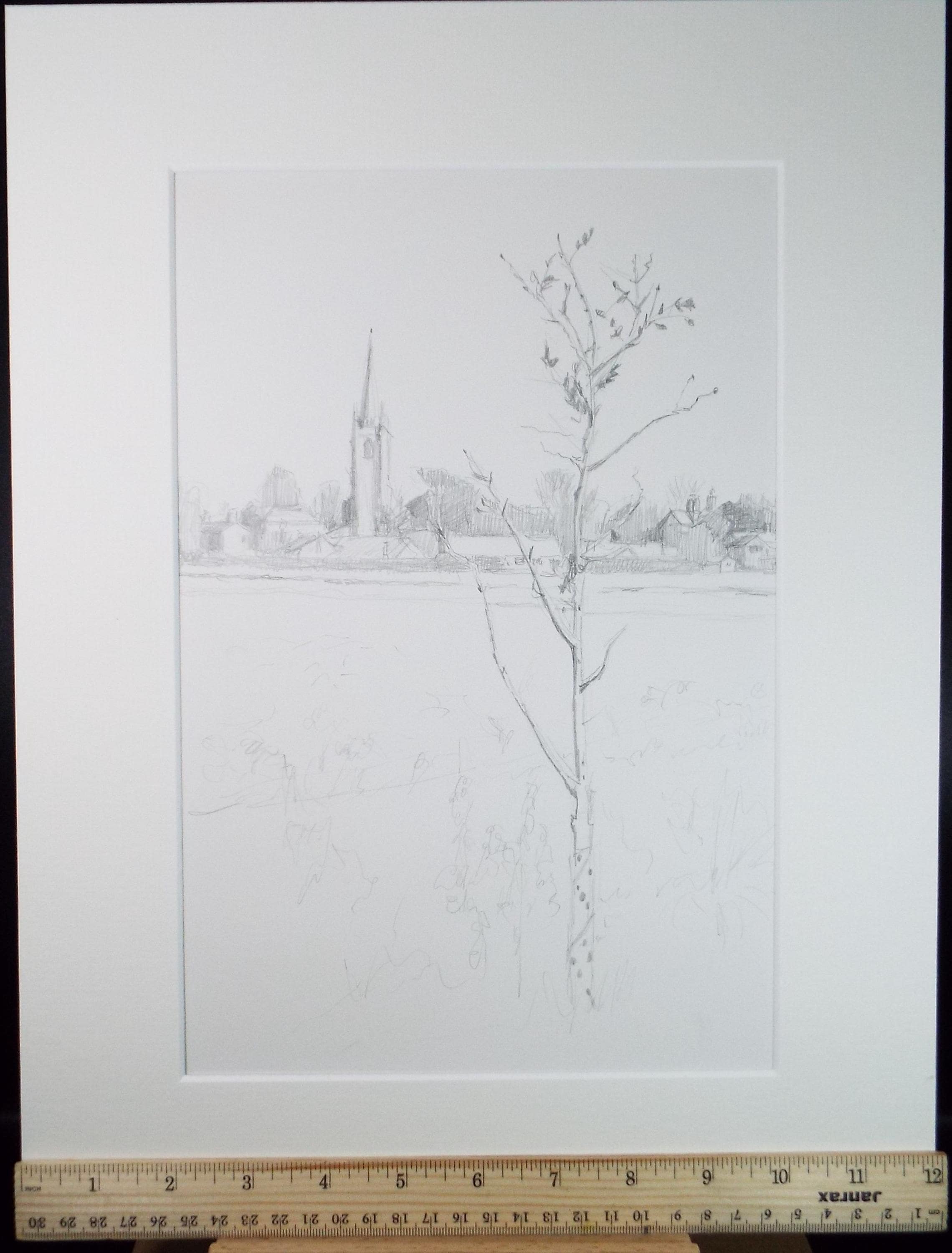Pencil drawing 'Church in a Landscape', Pauline Plummer (b1933), Circa 1990's