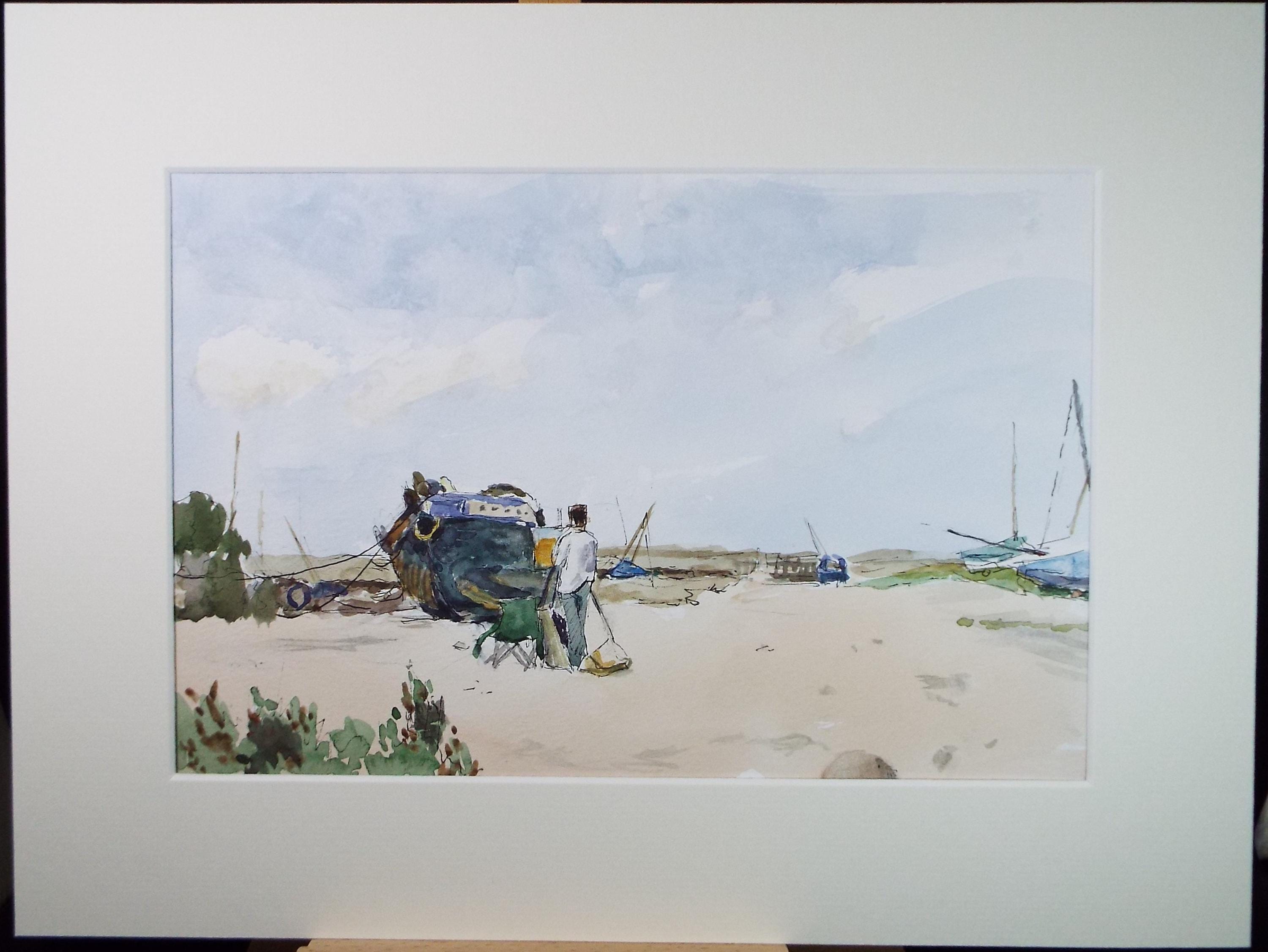 Original watercolour, 'Boatyard', Pauline Plummer (b1933), Circa 1990's