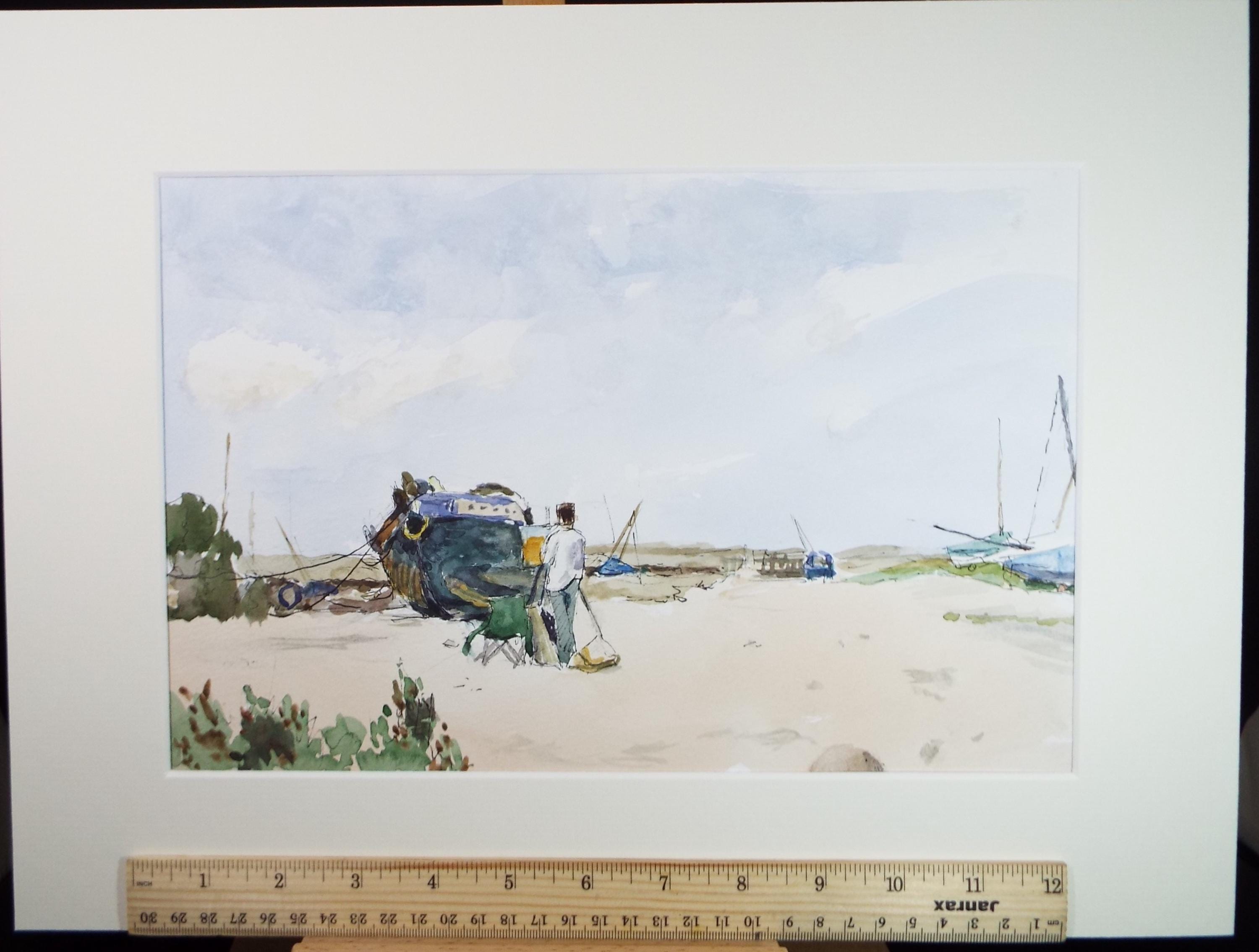 Original watercolour, 'Boatyard', Pauline Plummer (b1933), Circa 1990's