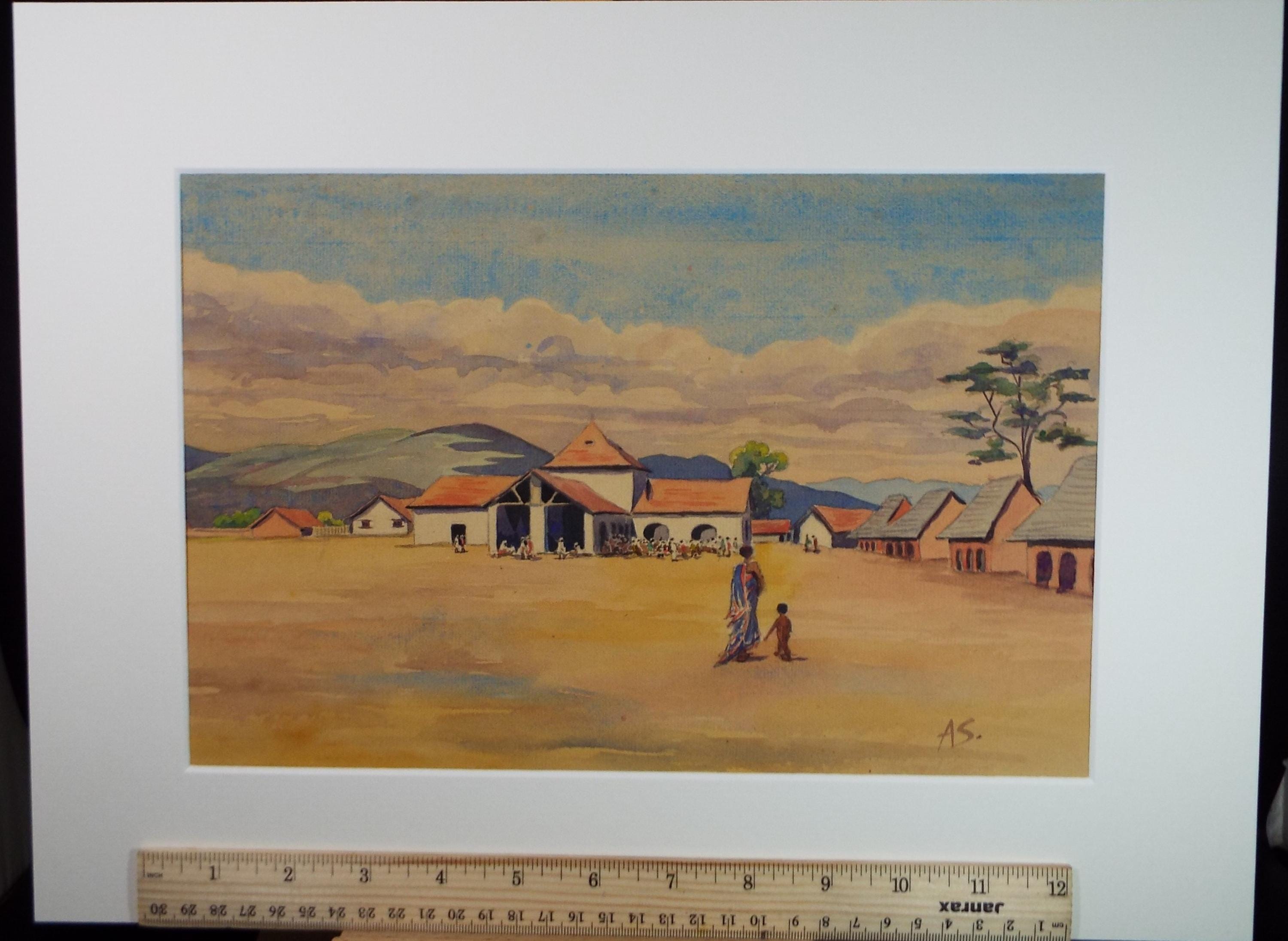 Original Watercolour, 'African village with figures', circa 1920's, Initialled A.S.