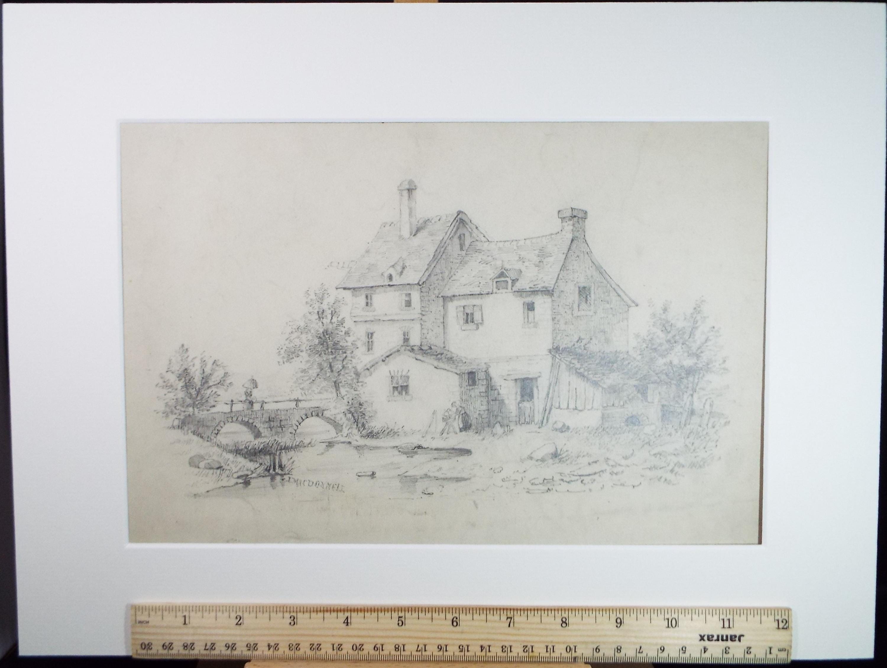 Original Pencil Sketch, 'Cottage by the river', Unknown artist, Mid 19th Century