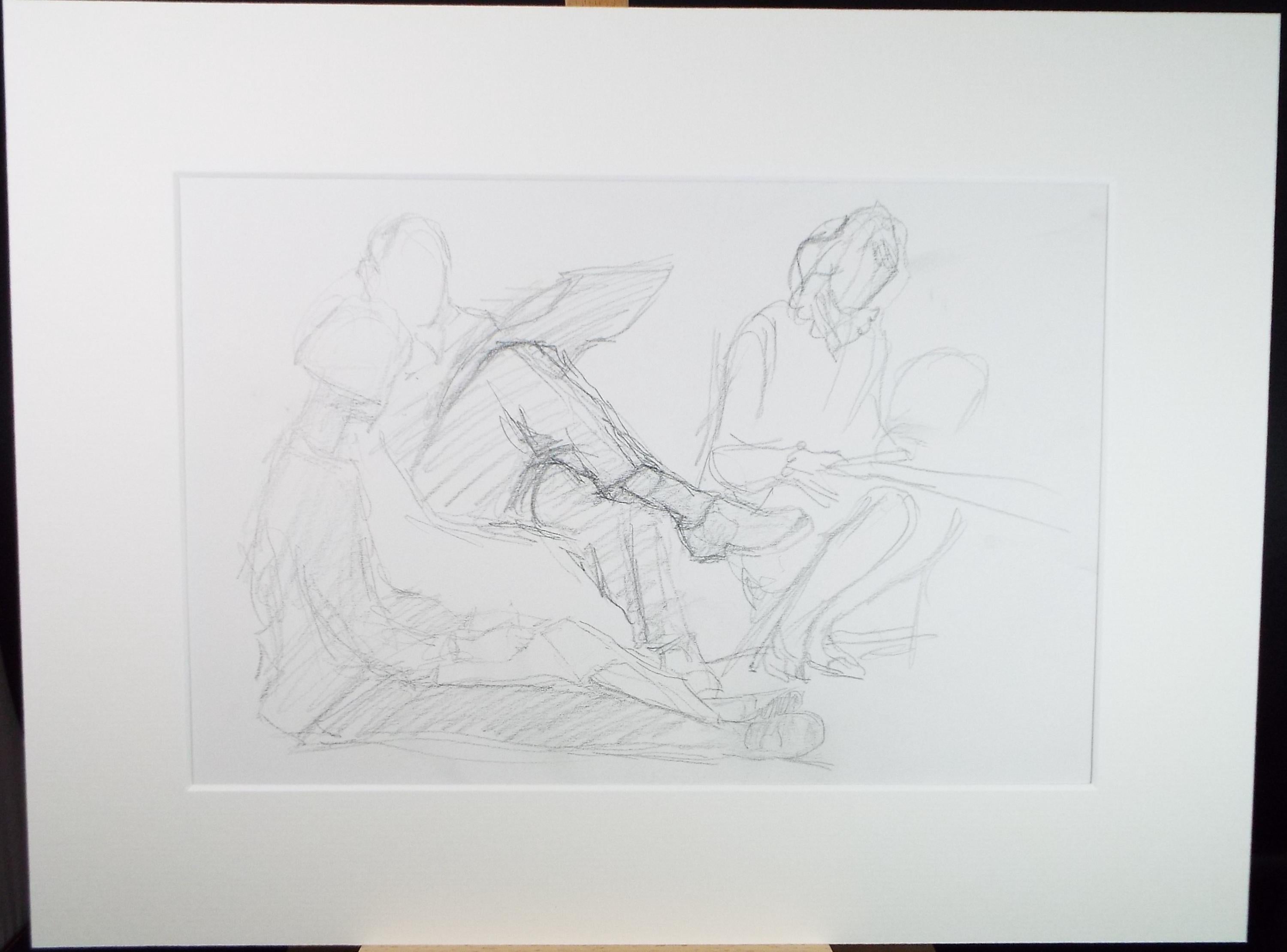Original Pencil Drawing, 'Seated Figures', Pauline Plummer (b1933), Circa 1990's