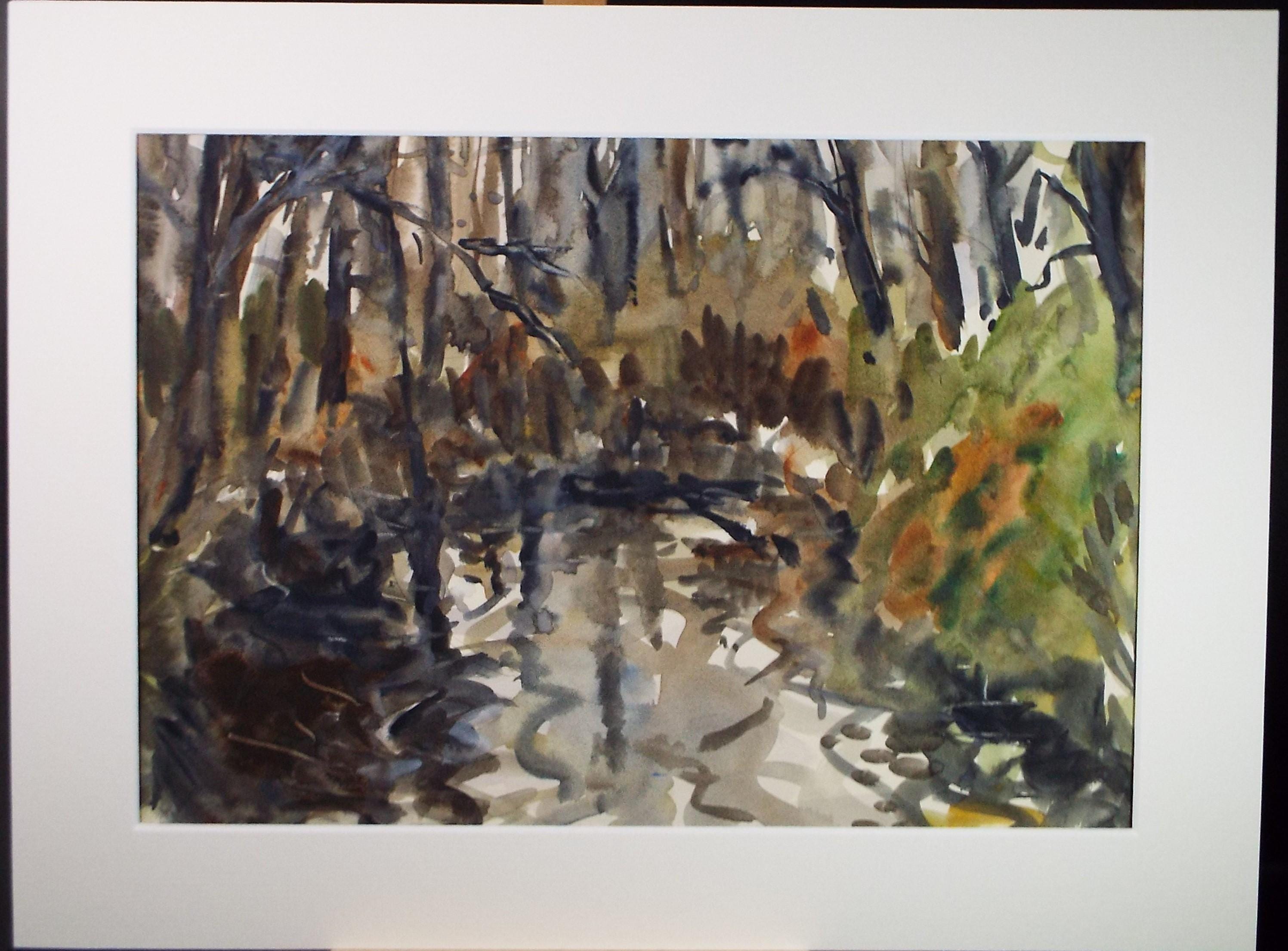 Watercolor Painting: Woodland Stream, 1990s, 16x12" Matted