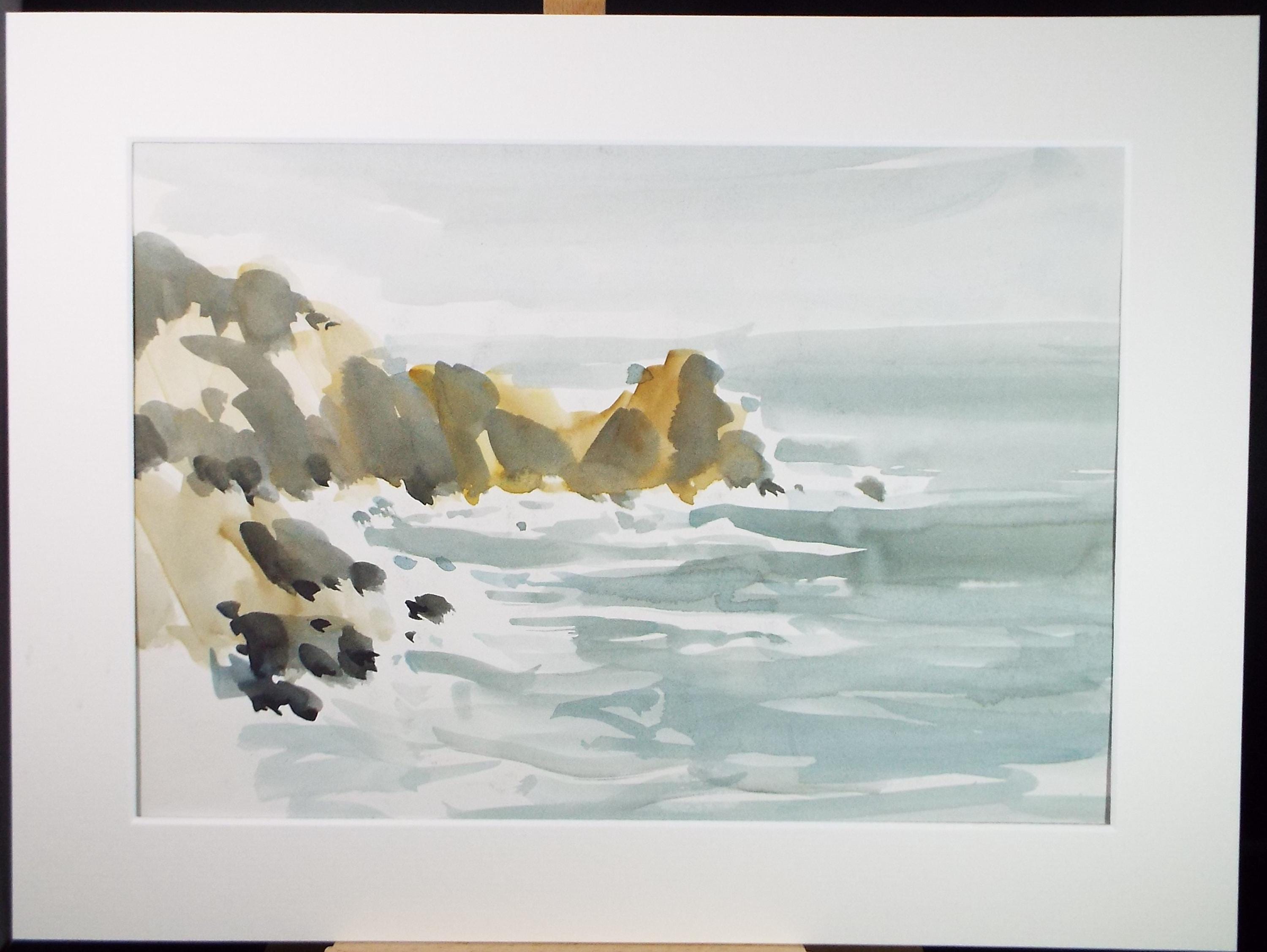 Original 'Rocky Coast' Watercolor Painting: 1990s Coastal Art