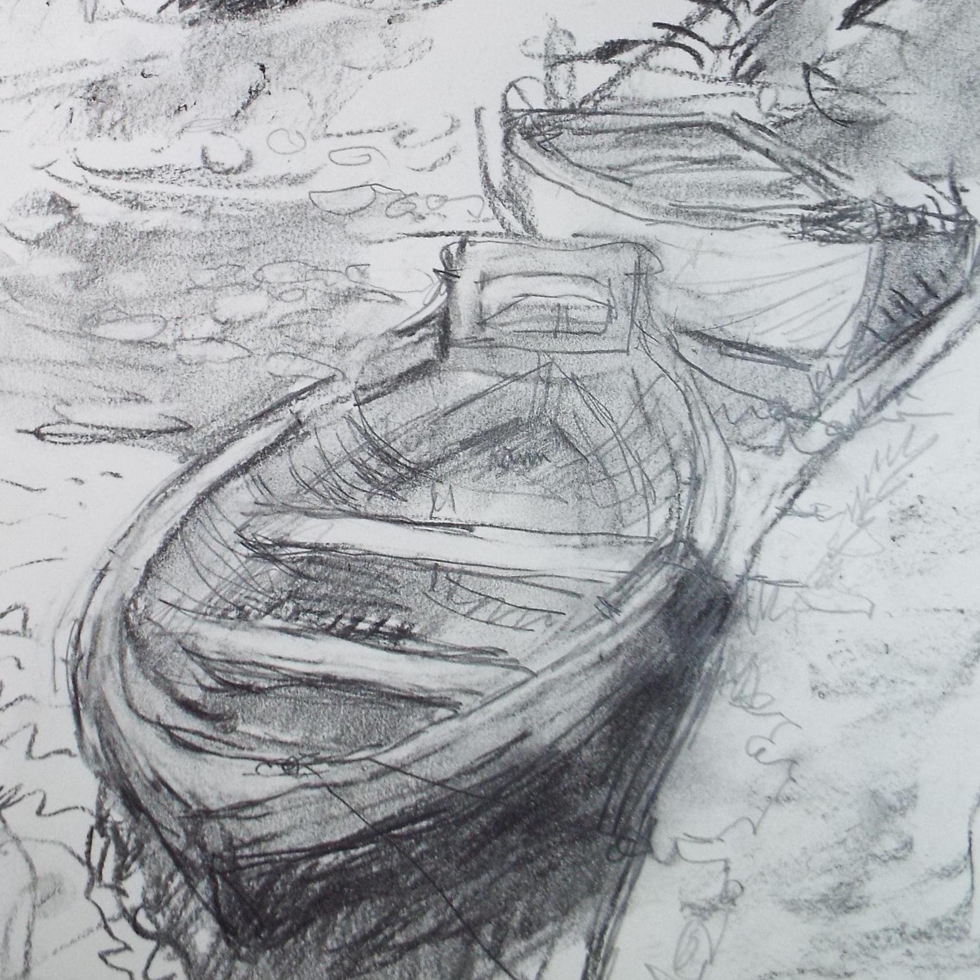 Conte drawing 'Boats on the river', Pauline Plummer (b1933), Circa 1990's