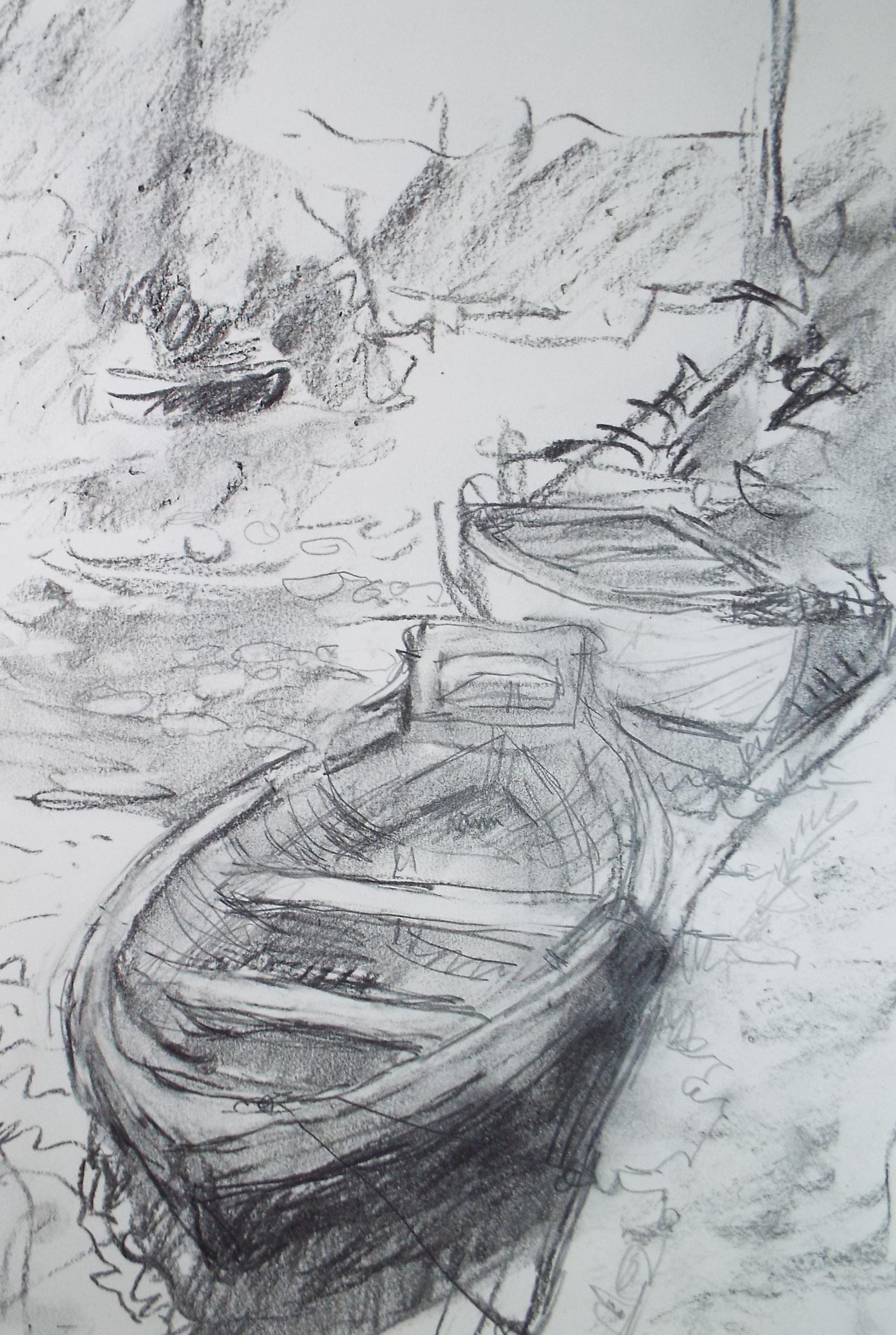 Conte drawing 'Boats on the river', Pauline Plummer (b1933), Circa 1990's