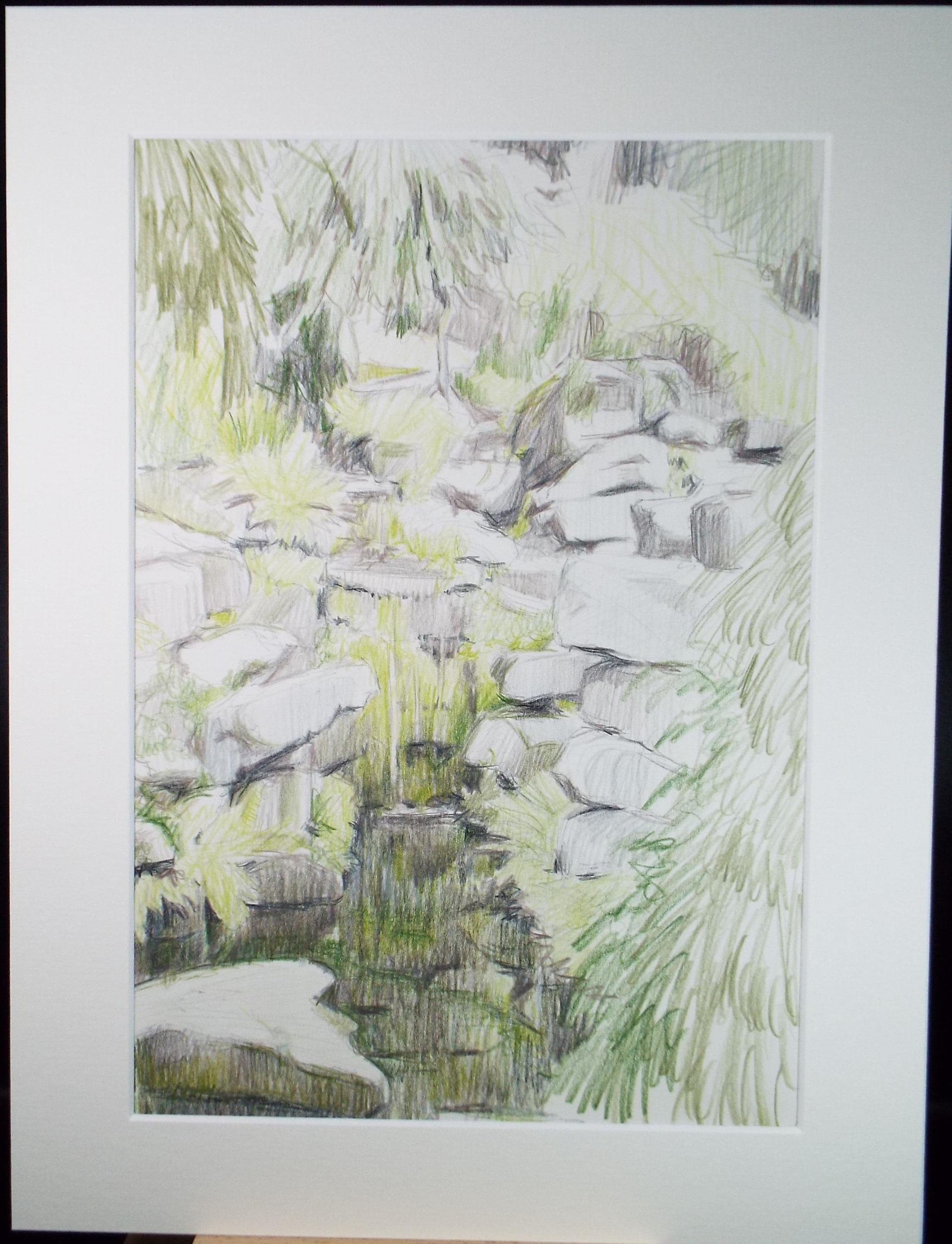 Coloured Pencil drawing 'Waterfall', Pauline Plummer (b1933), Circa 1990's