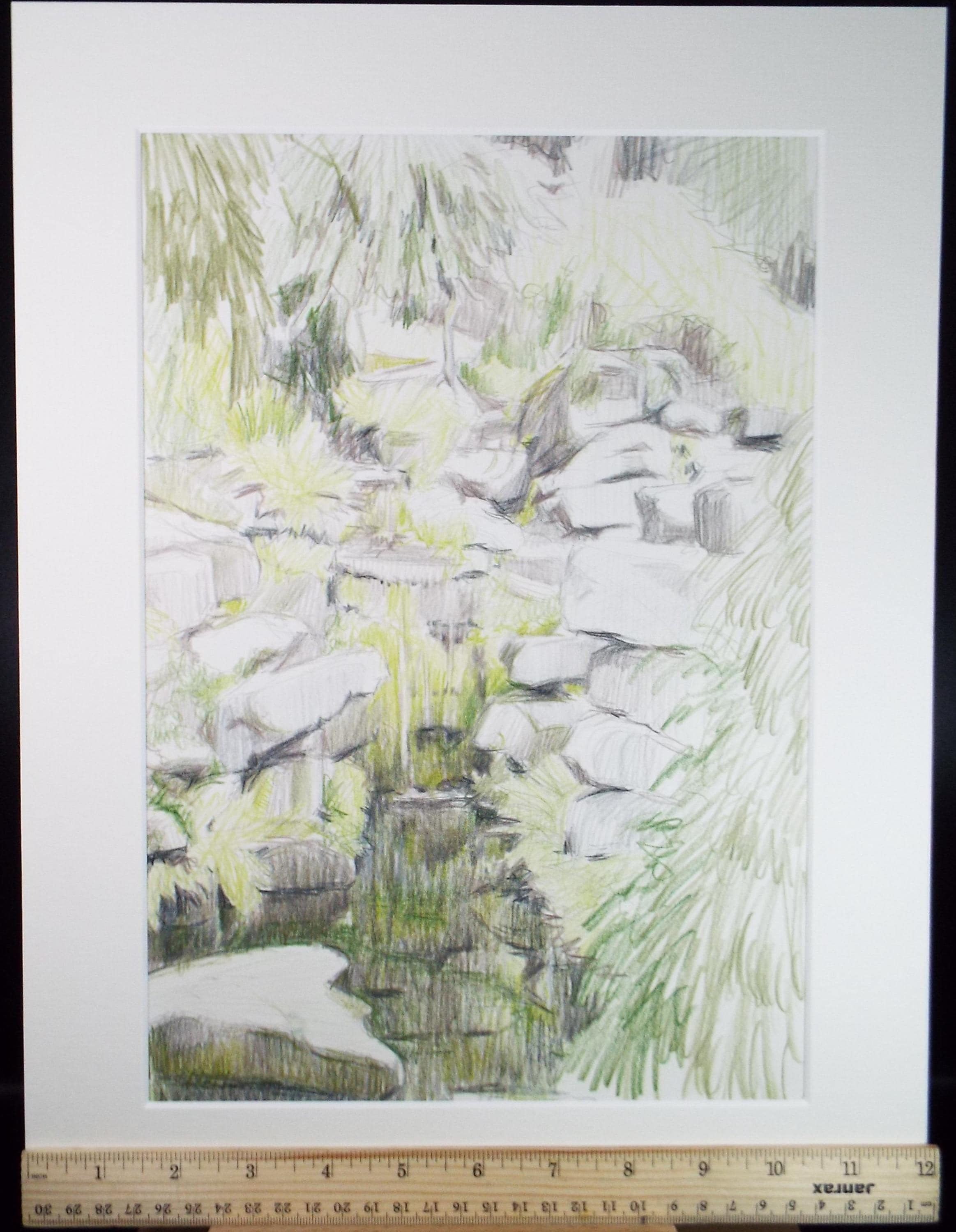 Coloured Pencil drawing 'Waterfall', Pauline Plummer (b1933), Circa 1990's