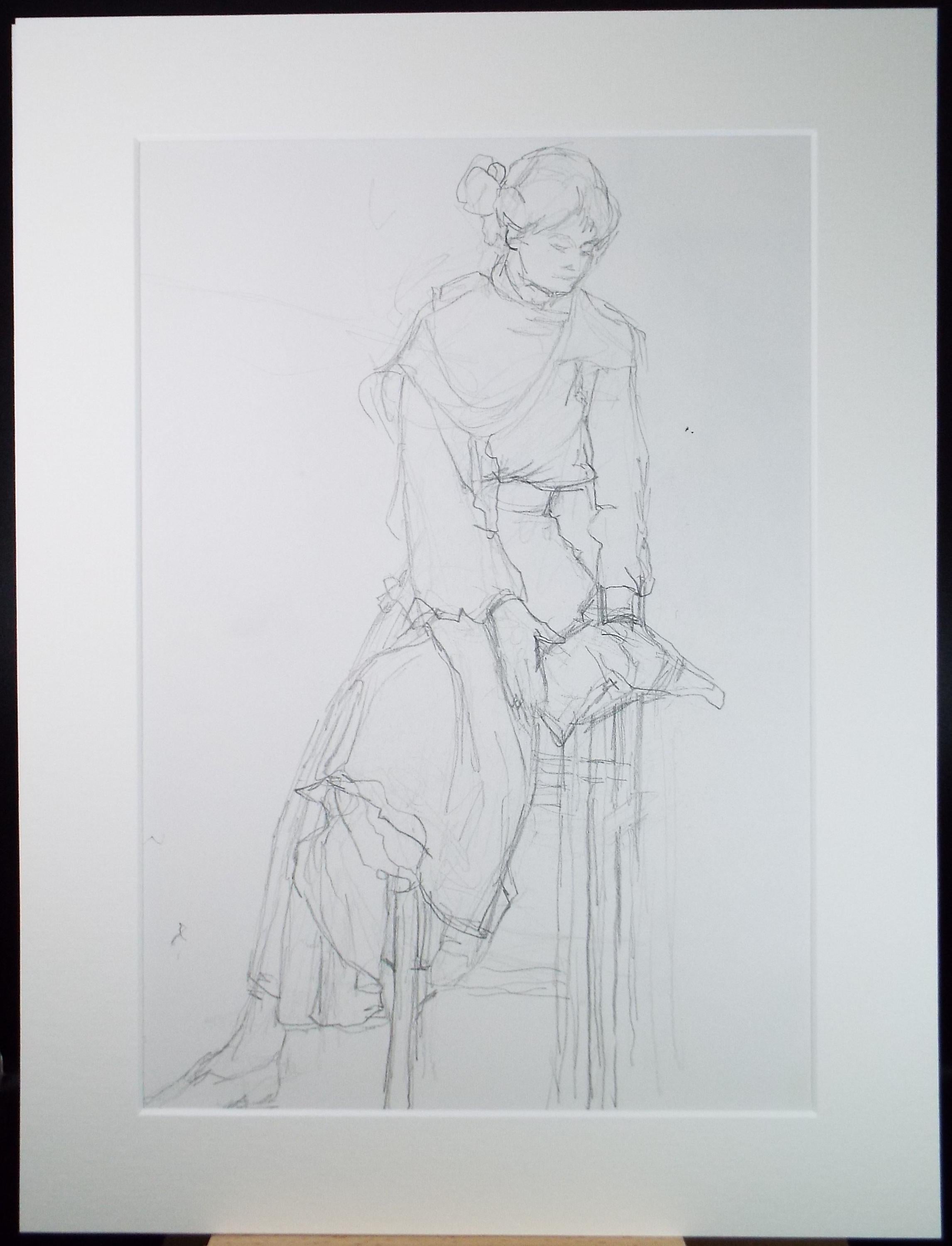 Pencil drawing 'Woman on a stool', Pauline Plummer (b1933), Circa 1990's