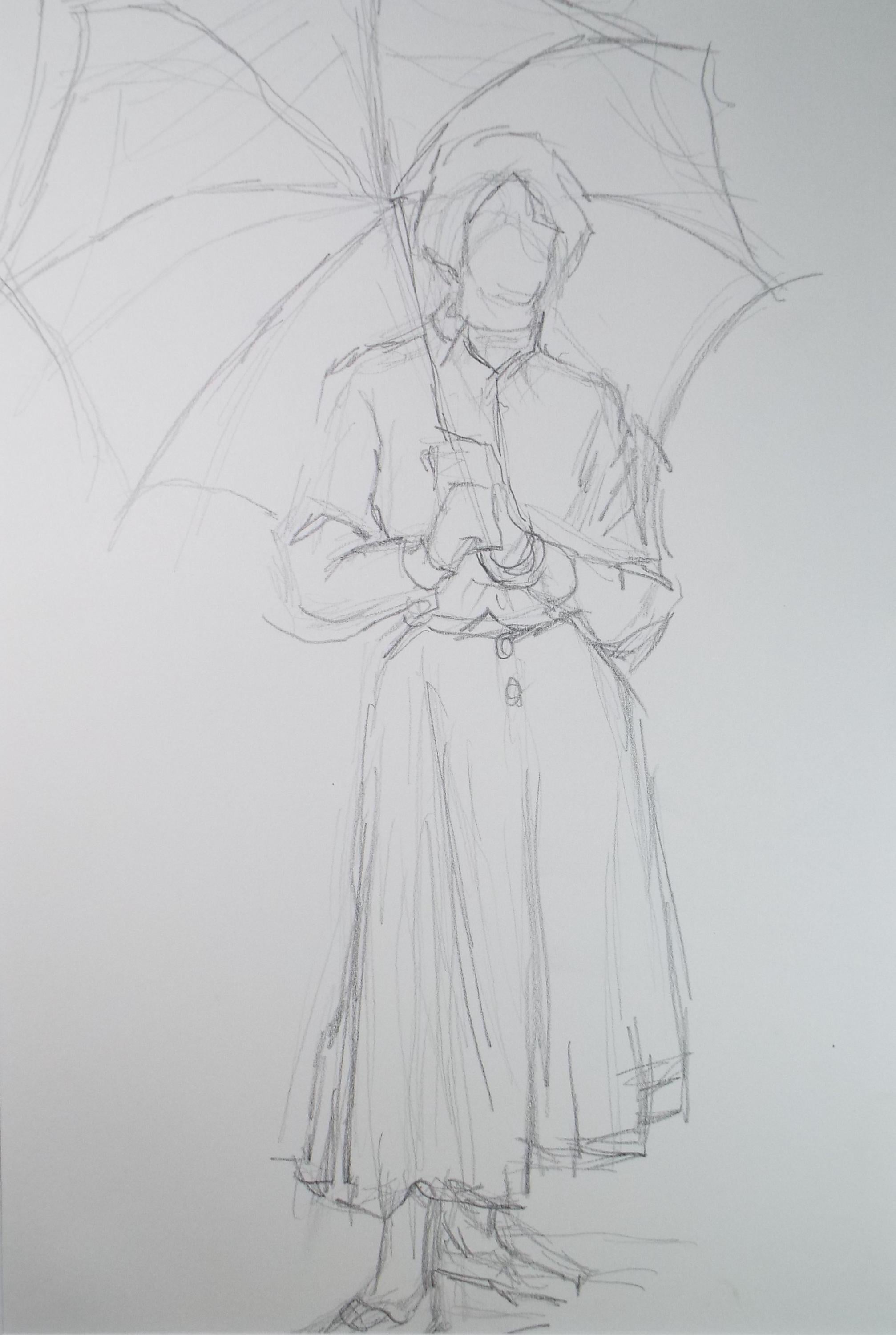 Pencil drawing 'Woman with Umbrella', Pauline Plummer (b1933), Circa 1990's