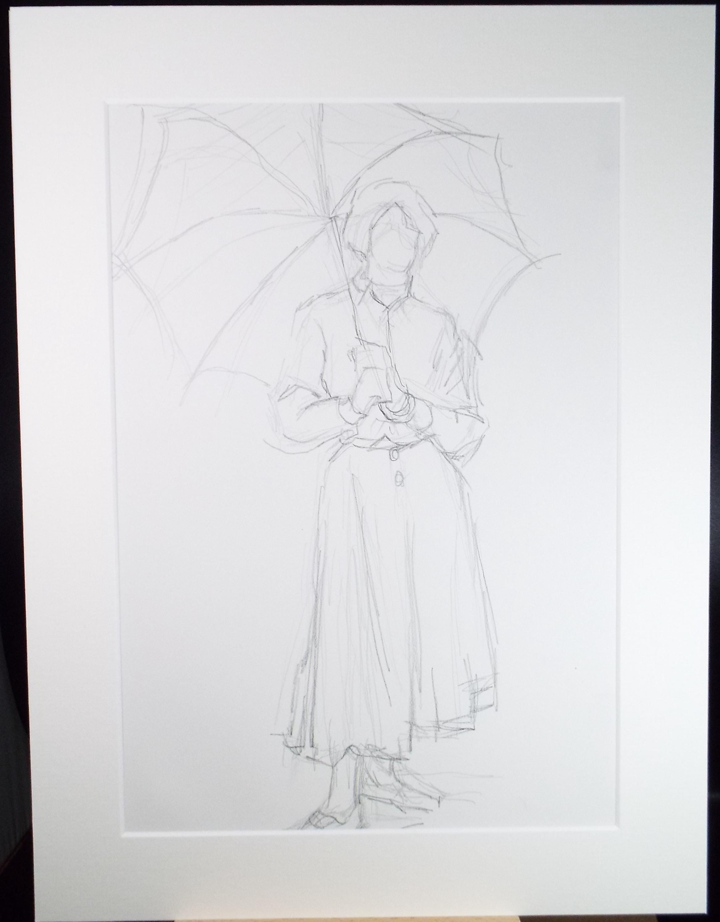 Pencil drawing 'Woman with Umbrella', Pauline Plummer (b1933), Circa 1990's