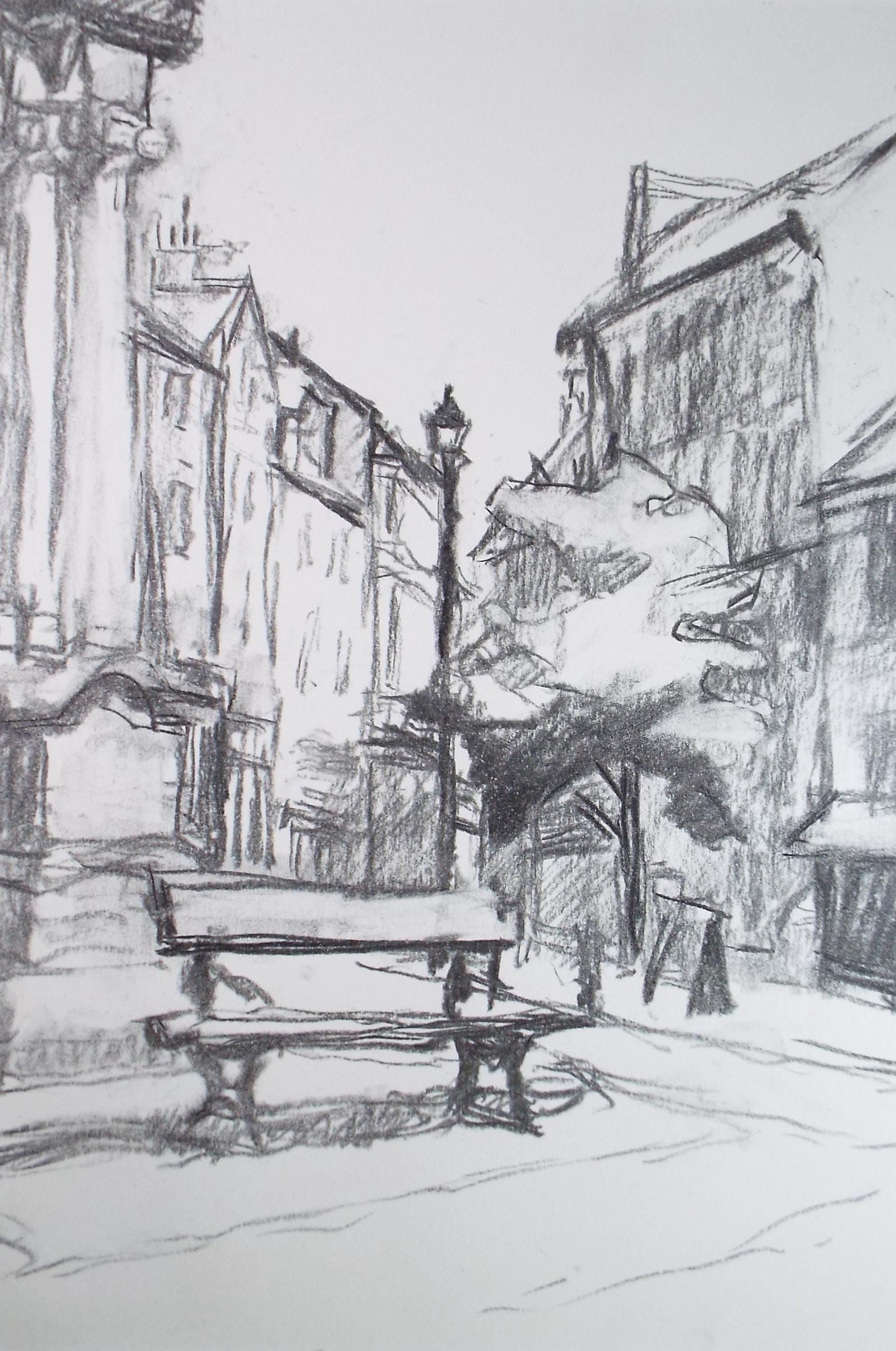 Conte drawing 'Street Scene', Pauline Plummer (b1933), Circa 1990's