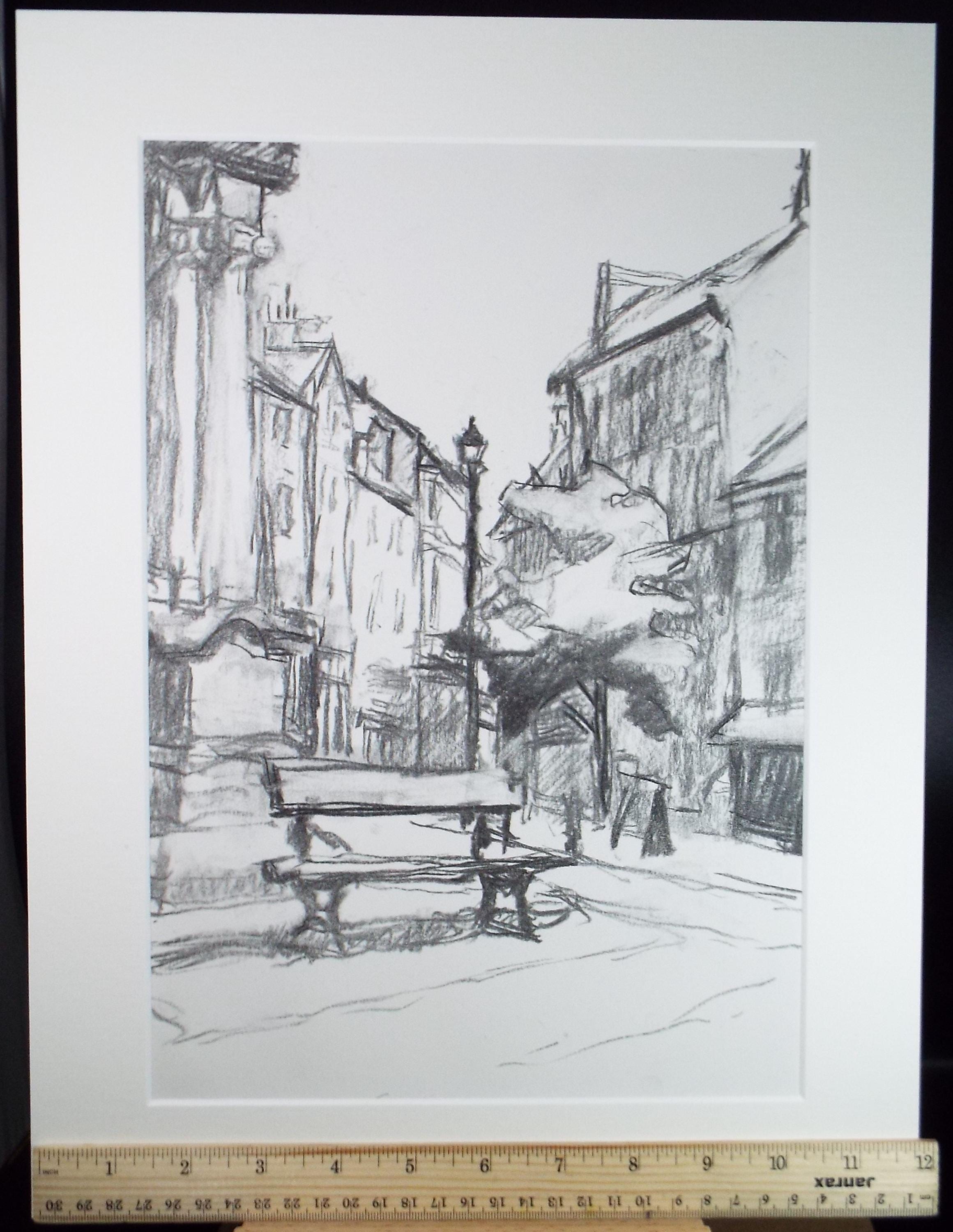 Conte drawing 'Street Scene', Pauline Plummer (b1933), Circa 1990's