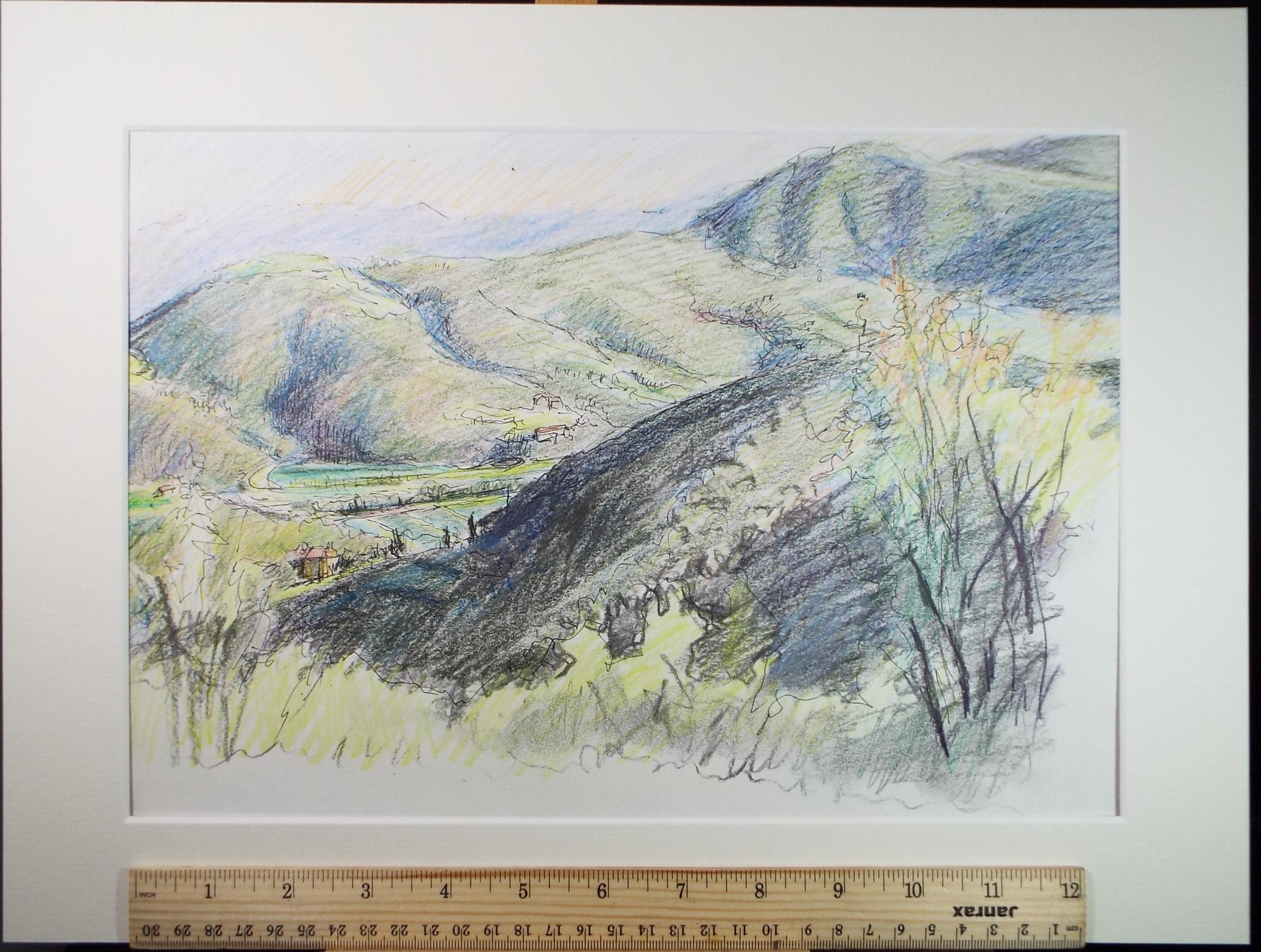 Pencil drawing 'Farmstead in a Valley ', Pauline Plummer (b1933), Circa 1990's
