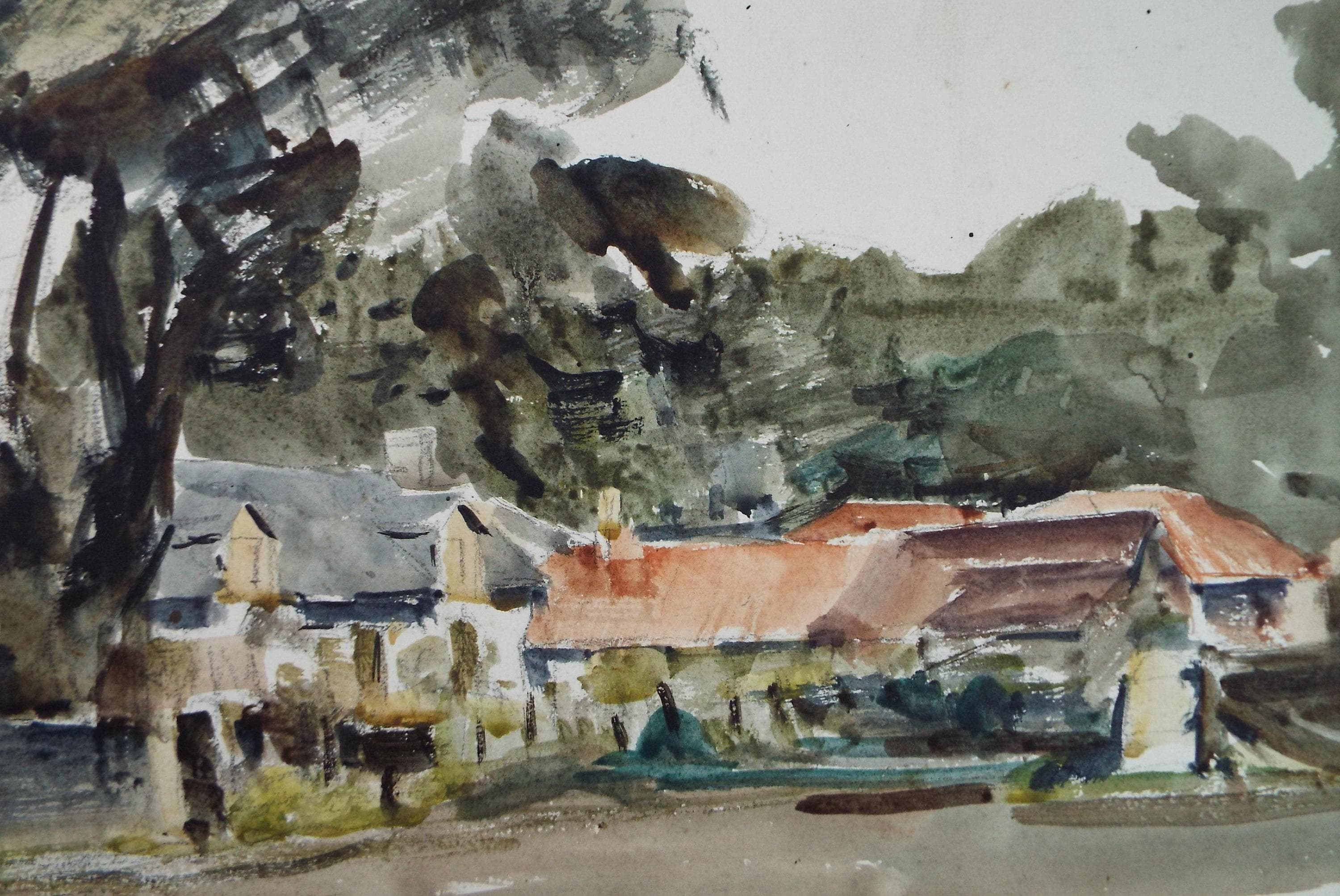 Original Watercolour, 'Farmstead', A E Borthwick (1871-1955), circa 1940's