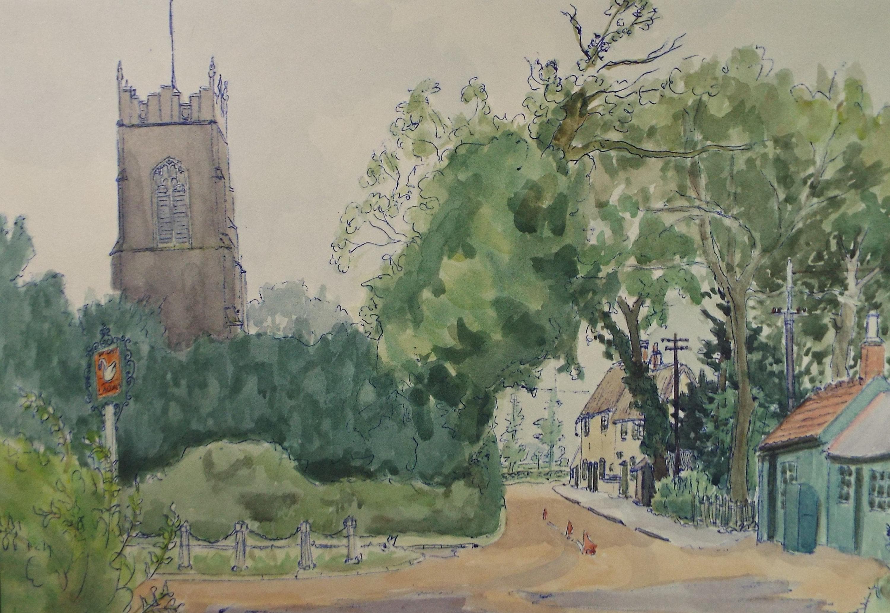 Original Watercolour Village Lane Painting by Pauline Plummer, 1950s
