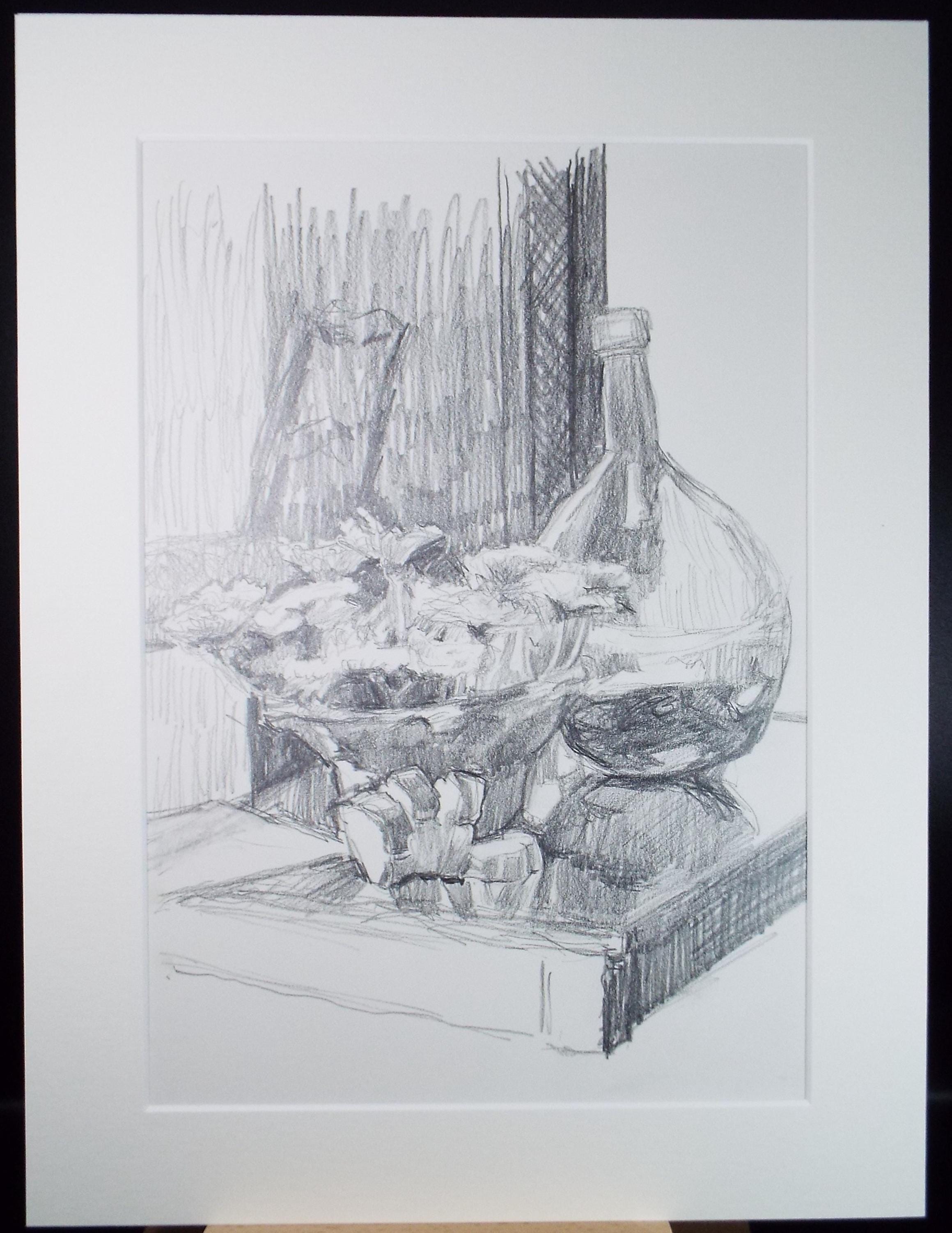 Pencil Still Life Drawing: Bowl and Jug, Pauline Plummer (Circa 1990s)