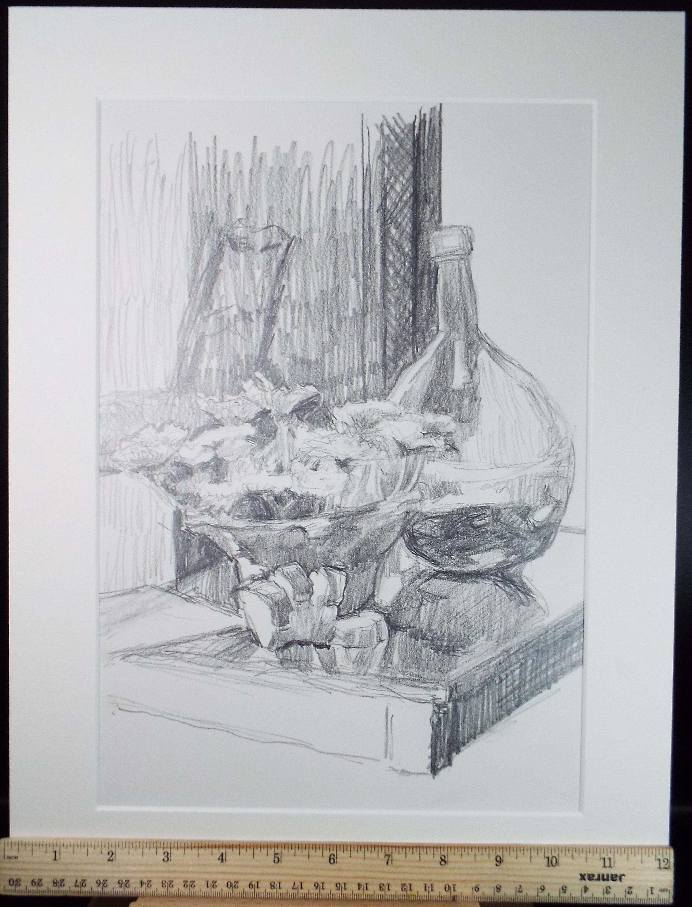 Pencil Still Life Drawing: Bowl and Jug, Pauline Plummer (Circa 1990s)