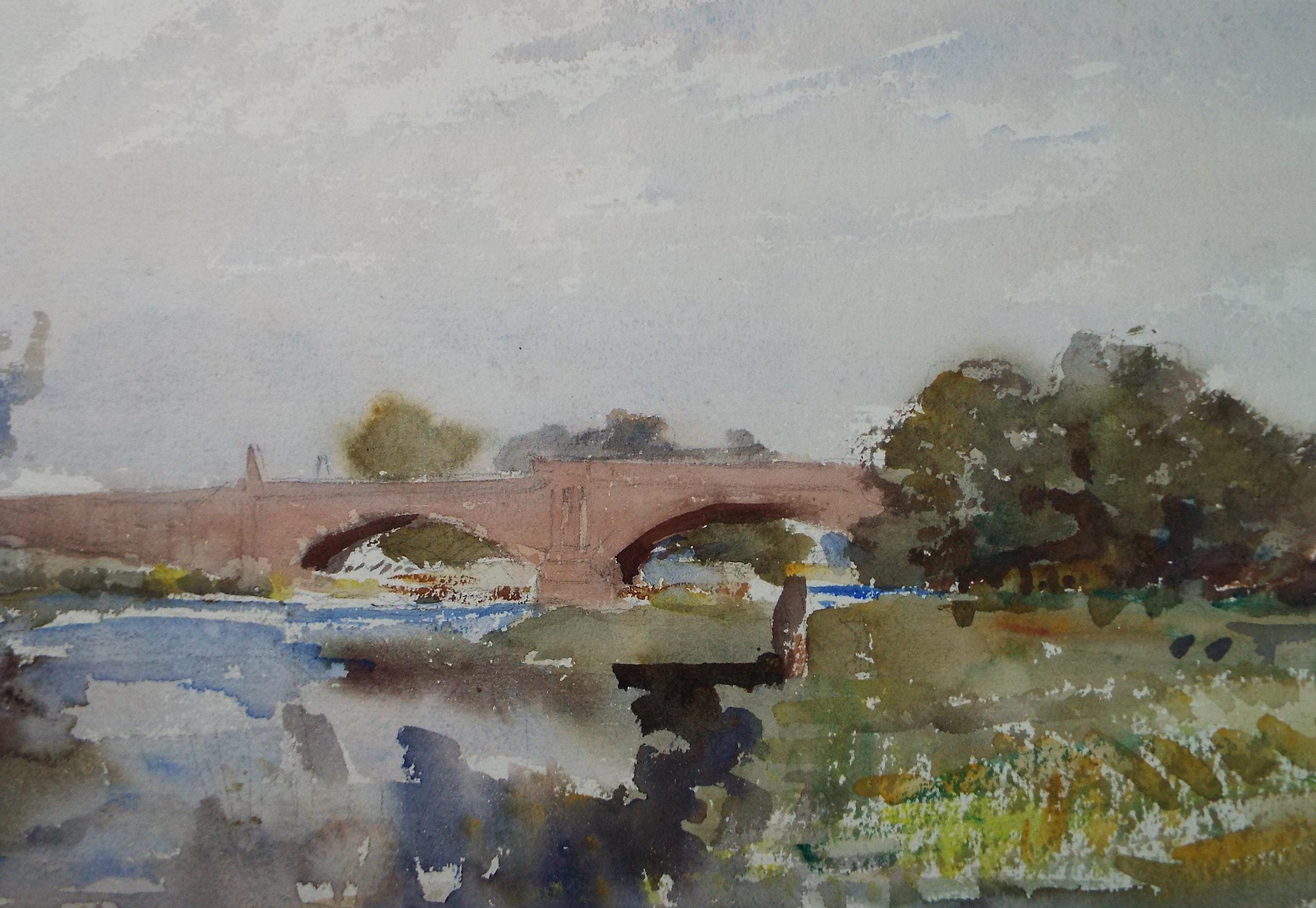 Original Watercolour, 'Bridge over the River', A E Borthwick (1871-1955), Circa 1940's
