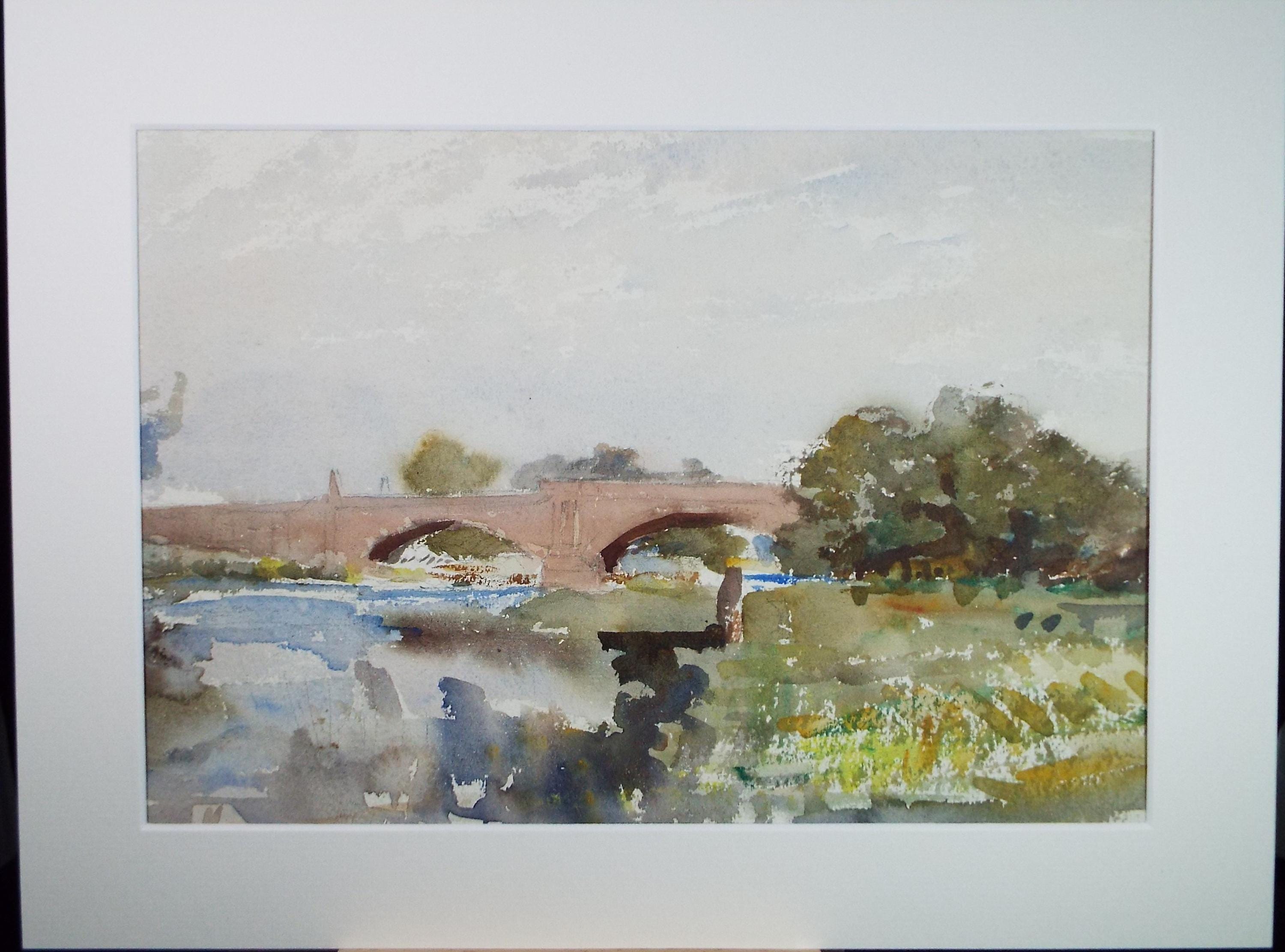 Original Watercolour, 'Bridge over the River', A E Borthwick (1871-1955), Circa 1940's