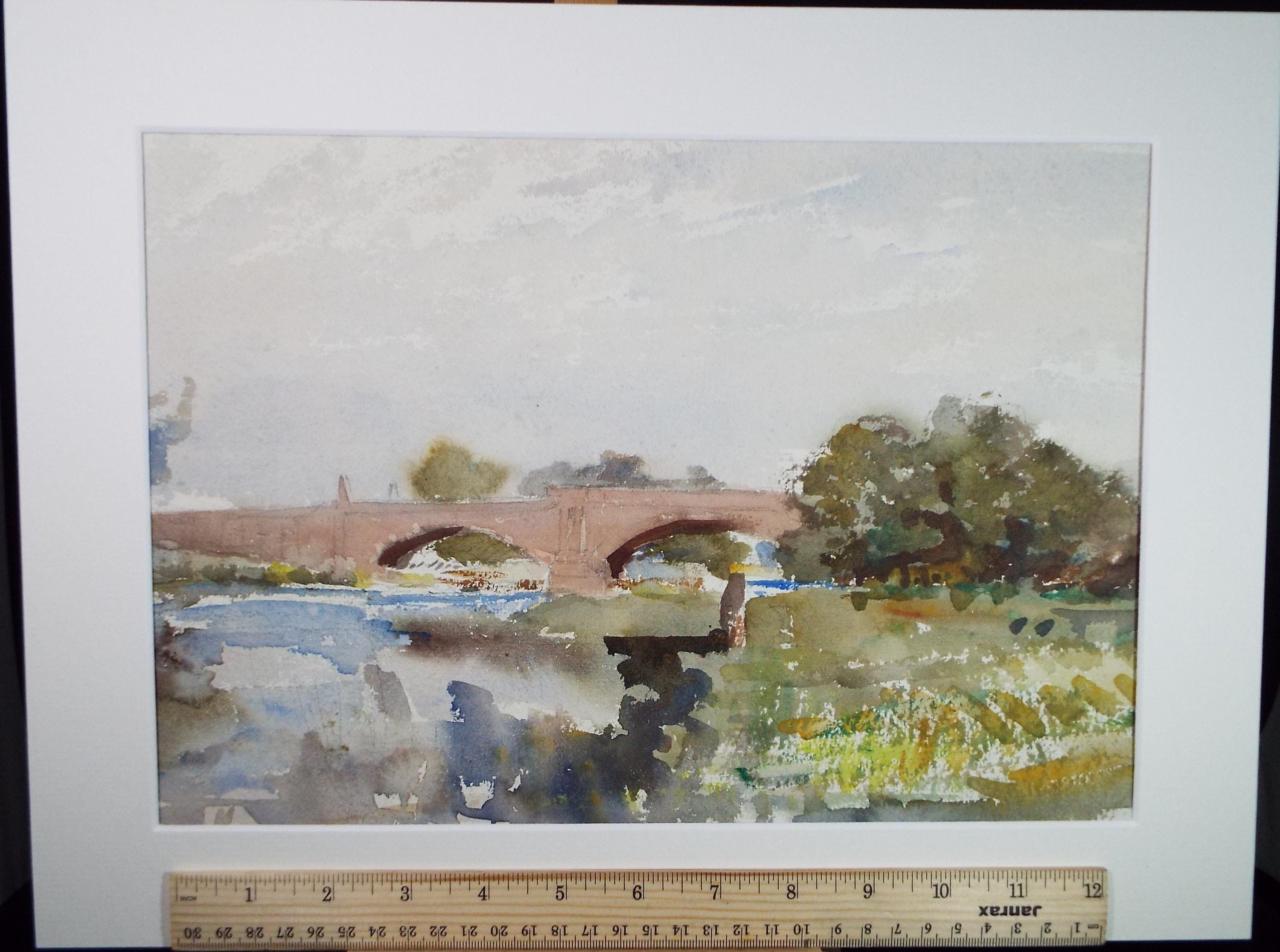 Original Watercolour, 'Bridge over the River', A E Borthwick (1871-1955), Circa 1940's