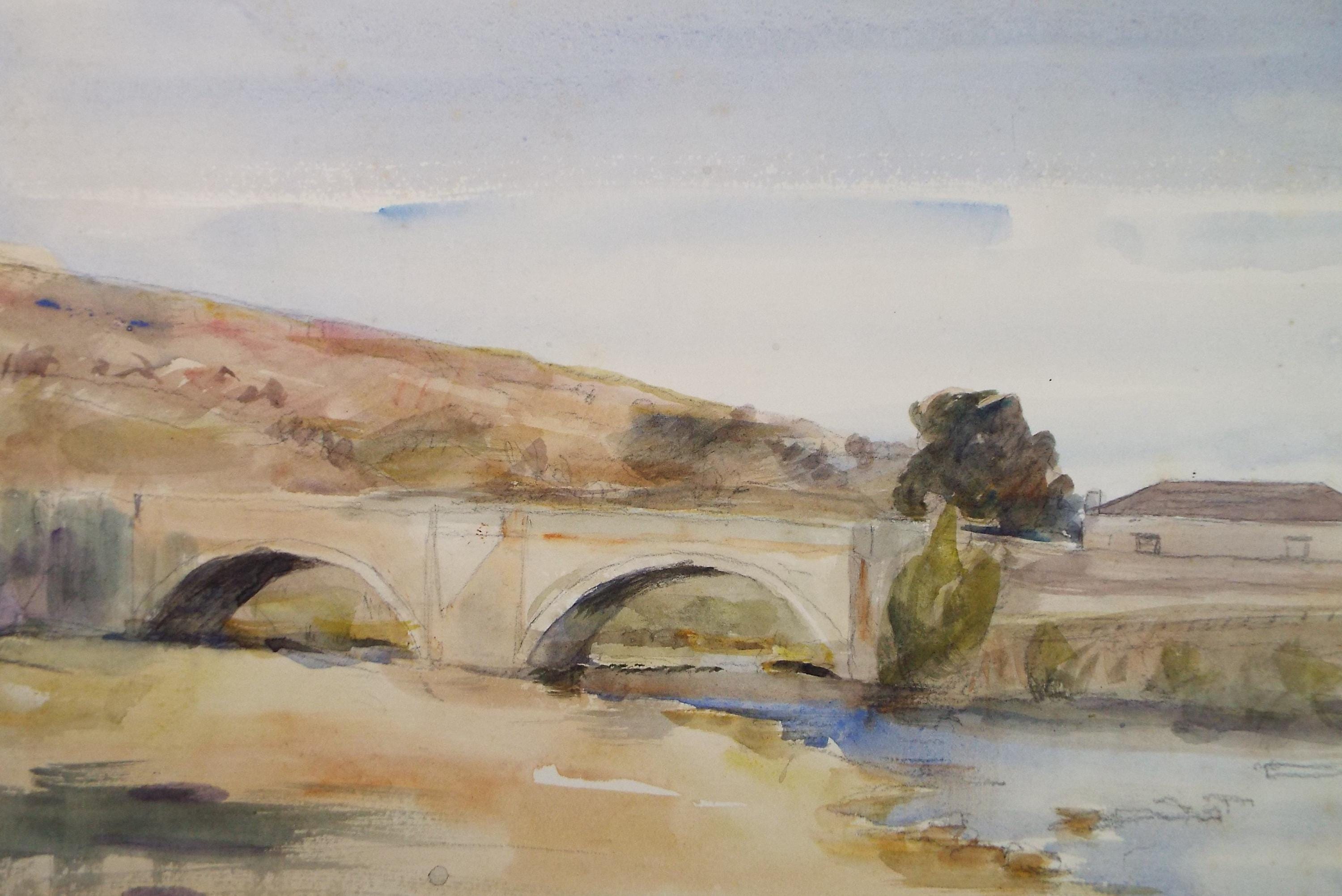 Original Watercolour, 'Bridge over the River', A E Borthwick (1871-1955), Circa 1940's