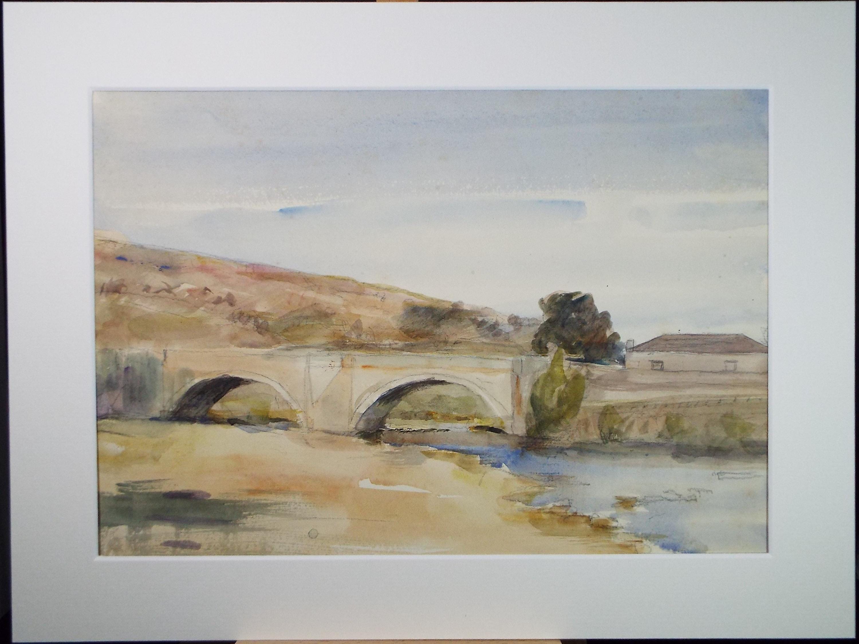 Original Watercolour, 'Bridge over the River', A E Borthwick (1871-1955), Circa 1940's
