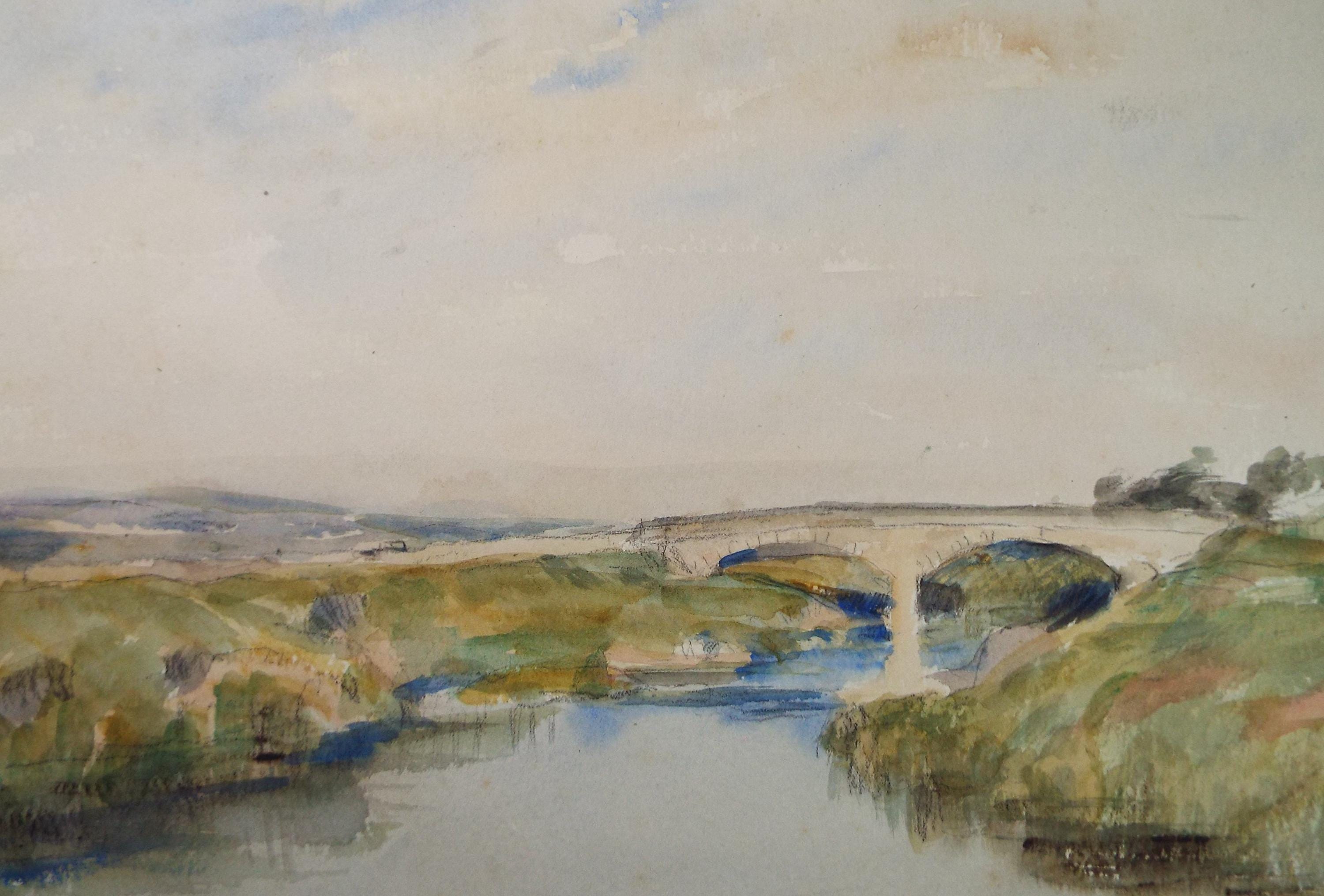 Original Watercolour, 'Bridge over the River', A E Borthwick (1871-1955), Circa 1940's