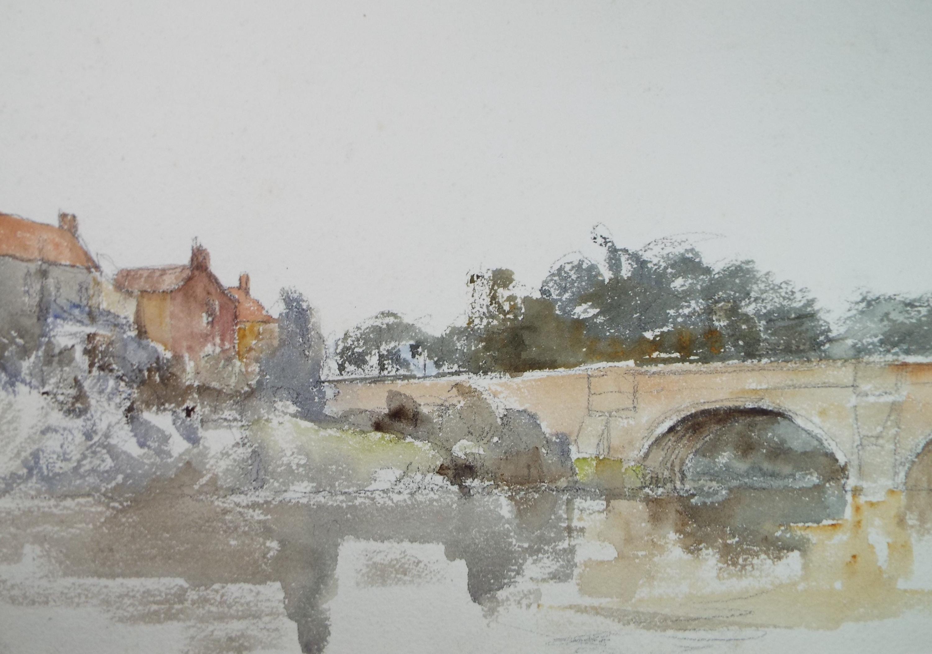 Original Watercolour, 'Bridge over the River', A E Borthwick (1871-1955), Circa 1940's