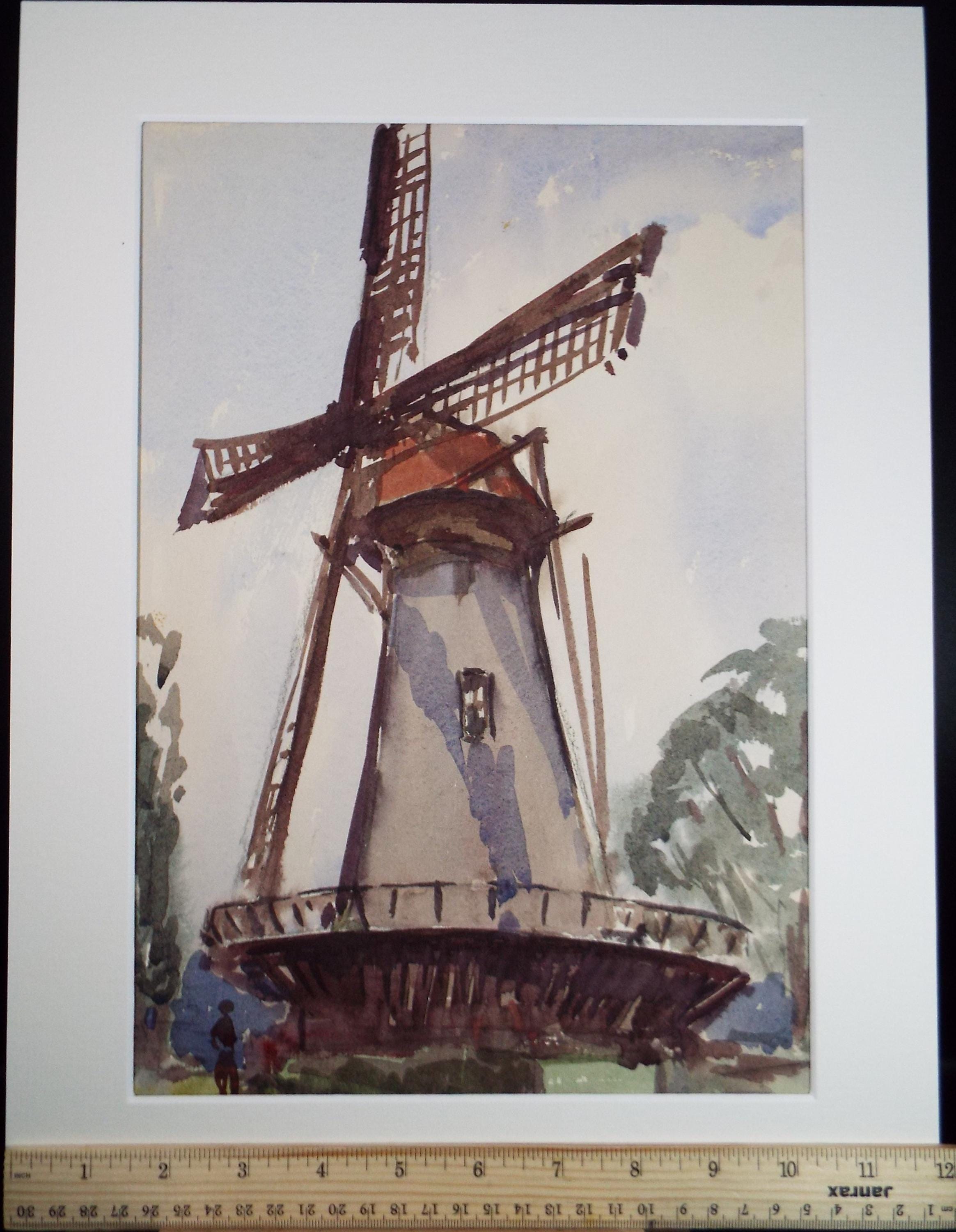 Original Watercolour, 'Dutch Windmill', c1920,unknown artist